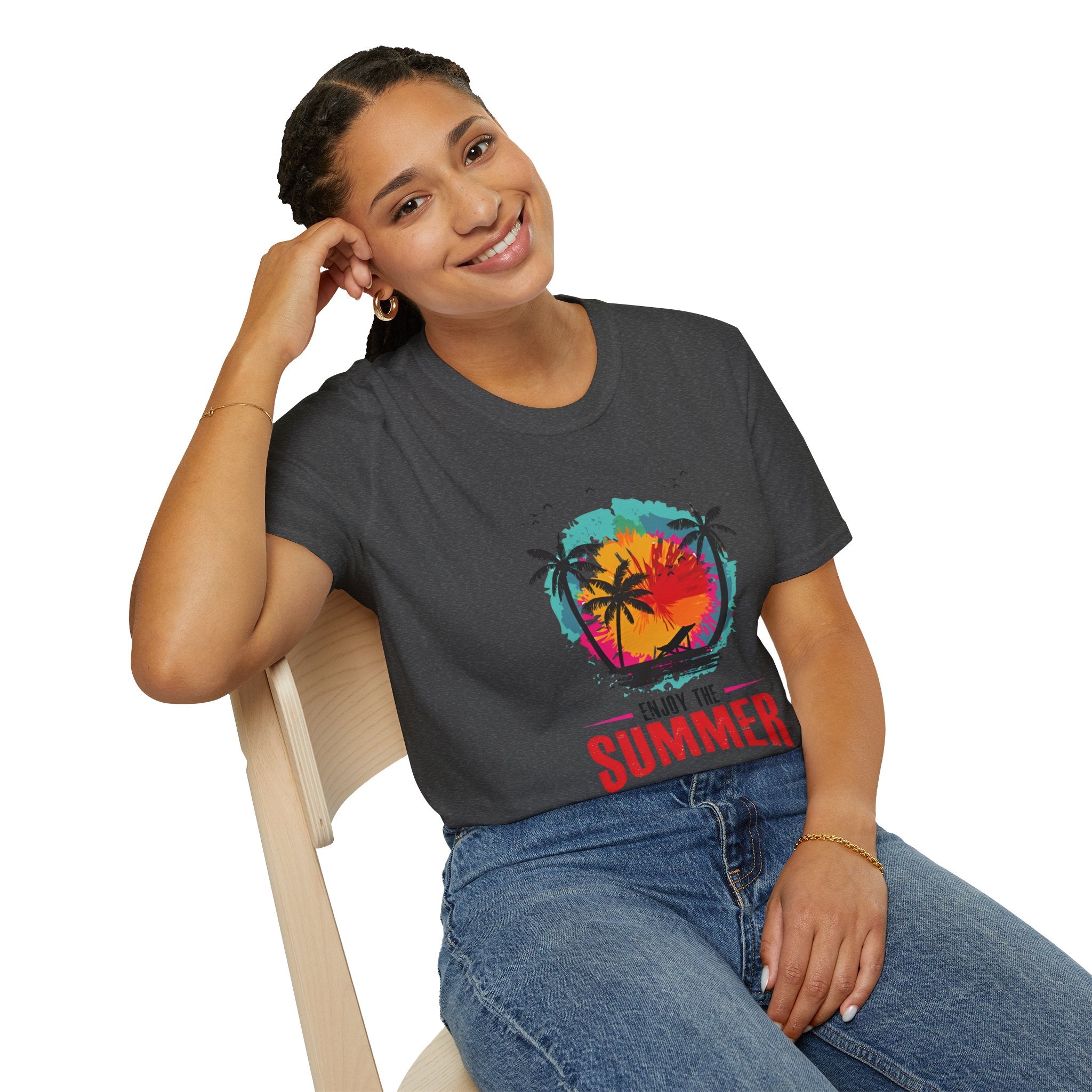 Summer Vibes T-Shirt — "Enjoy the Summer" Tropical Palm Sunset Tee