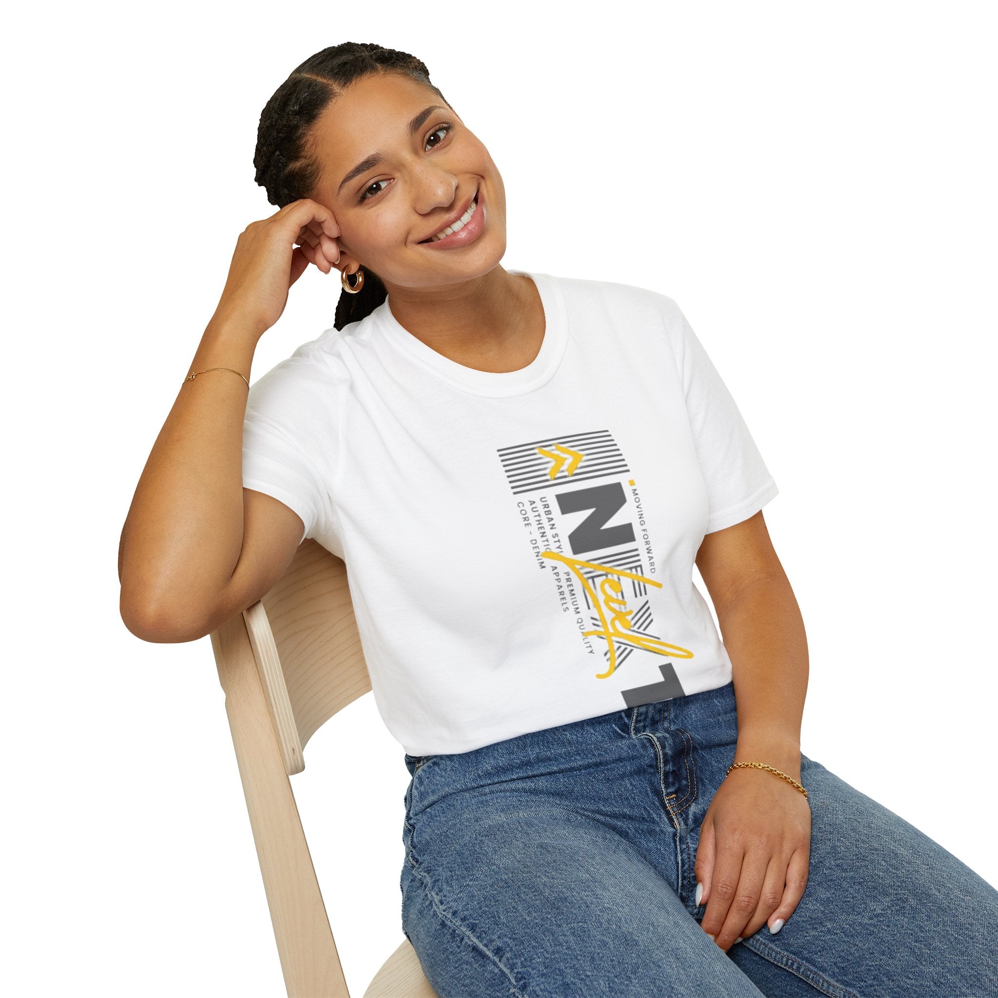 Vertical 'NEXT' Graphic T‑Shirt — Modern Yellow & Gray Streetwear Tee