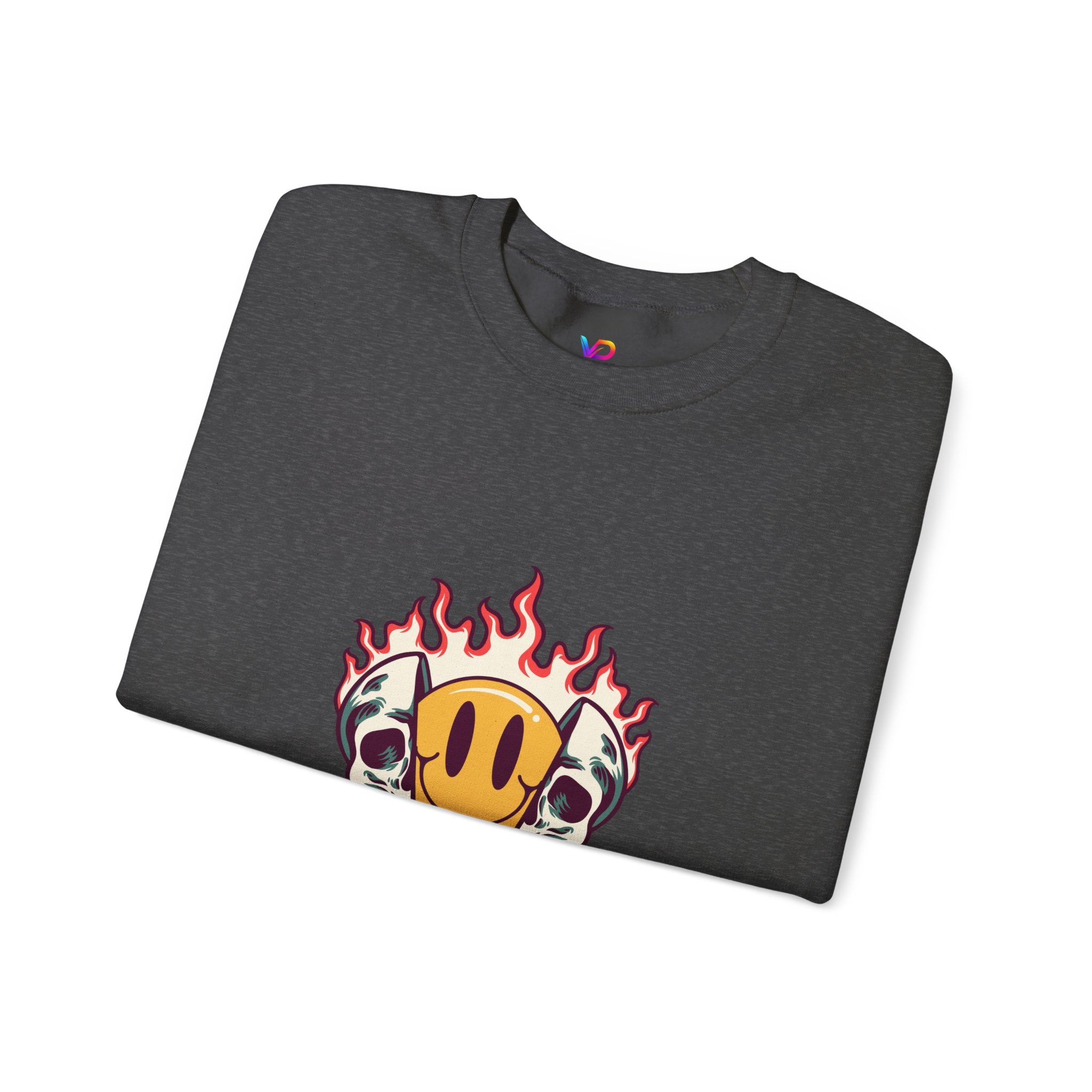 Crewneck Sweatshirt — “Challenges Build Inner Strength” Flame Smile Graphic