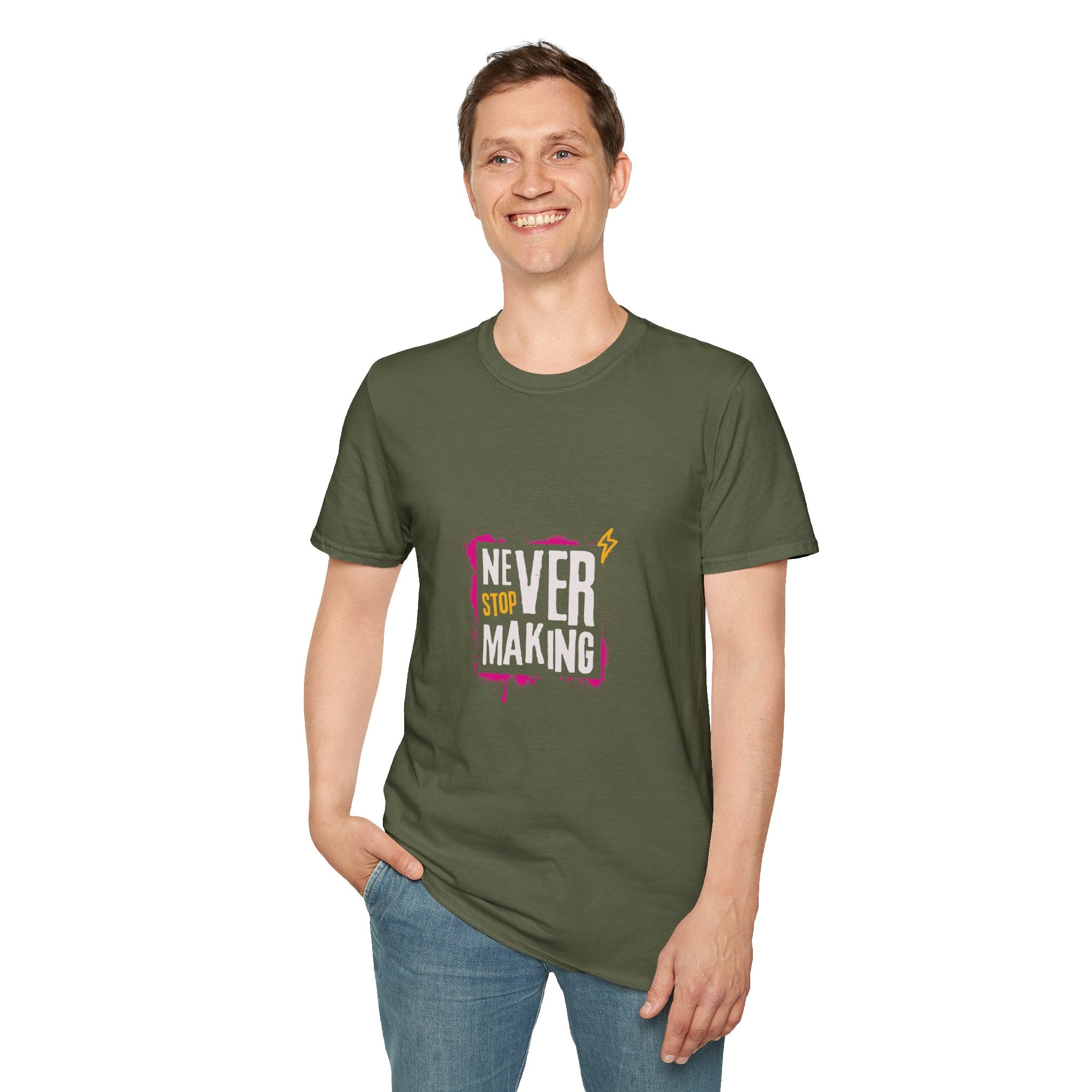 T-Shirt — "Never Stop Dreaming" Graphic Tee (Pink Brushstroke Lightning)