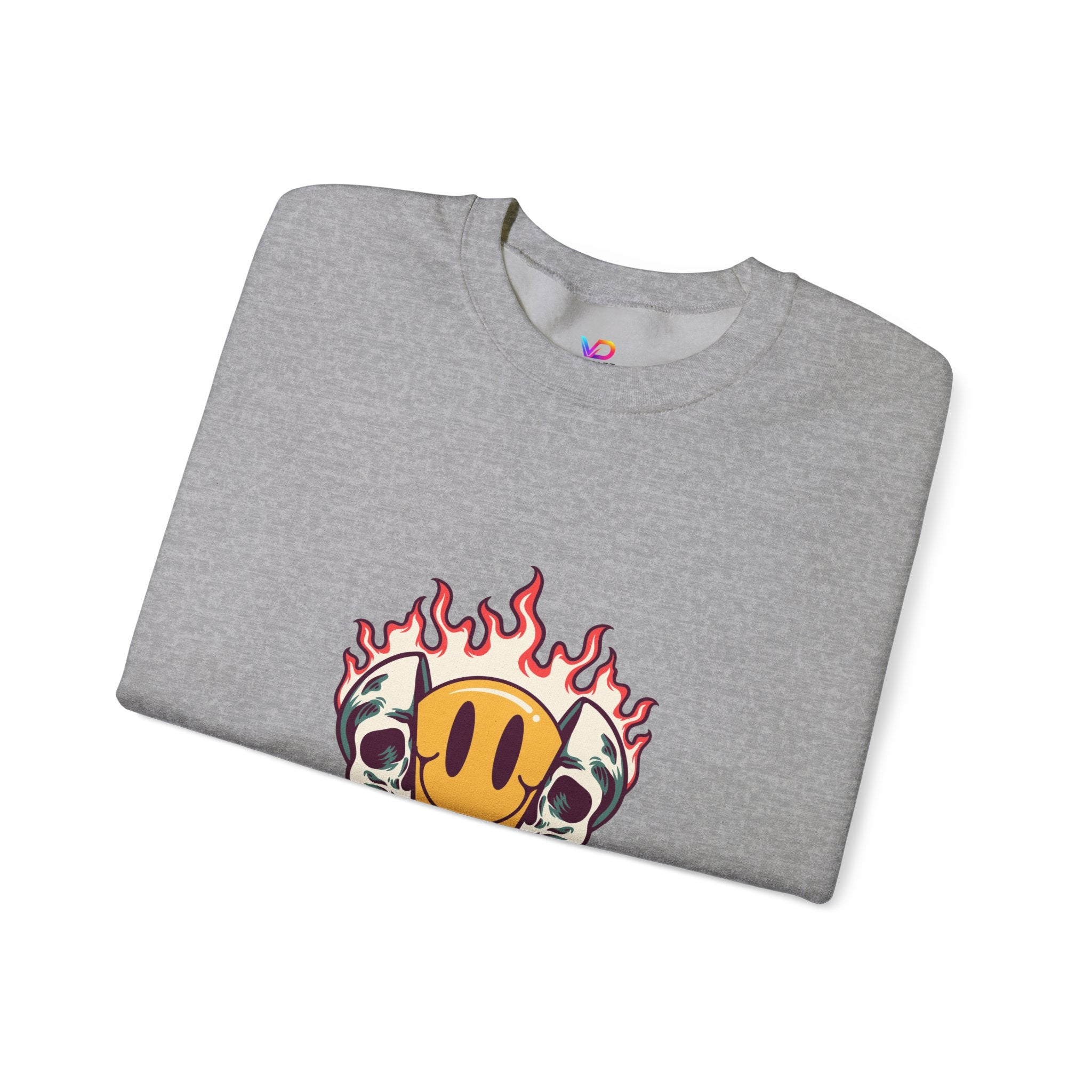 Crewneck Sweatshirt — “Challenges Build Inner Strength” Flame Smile Graphic