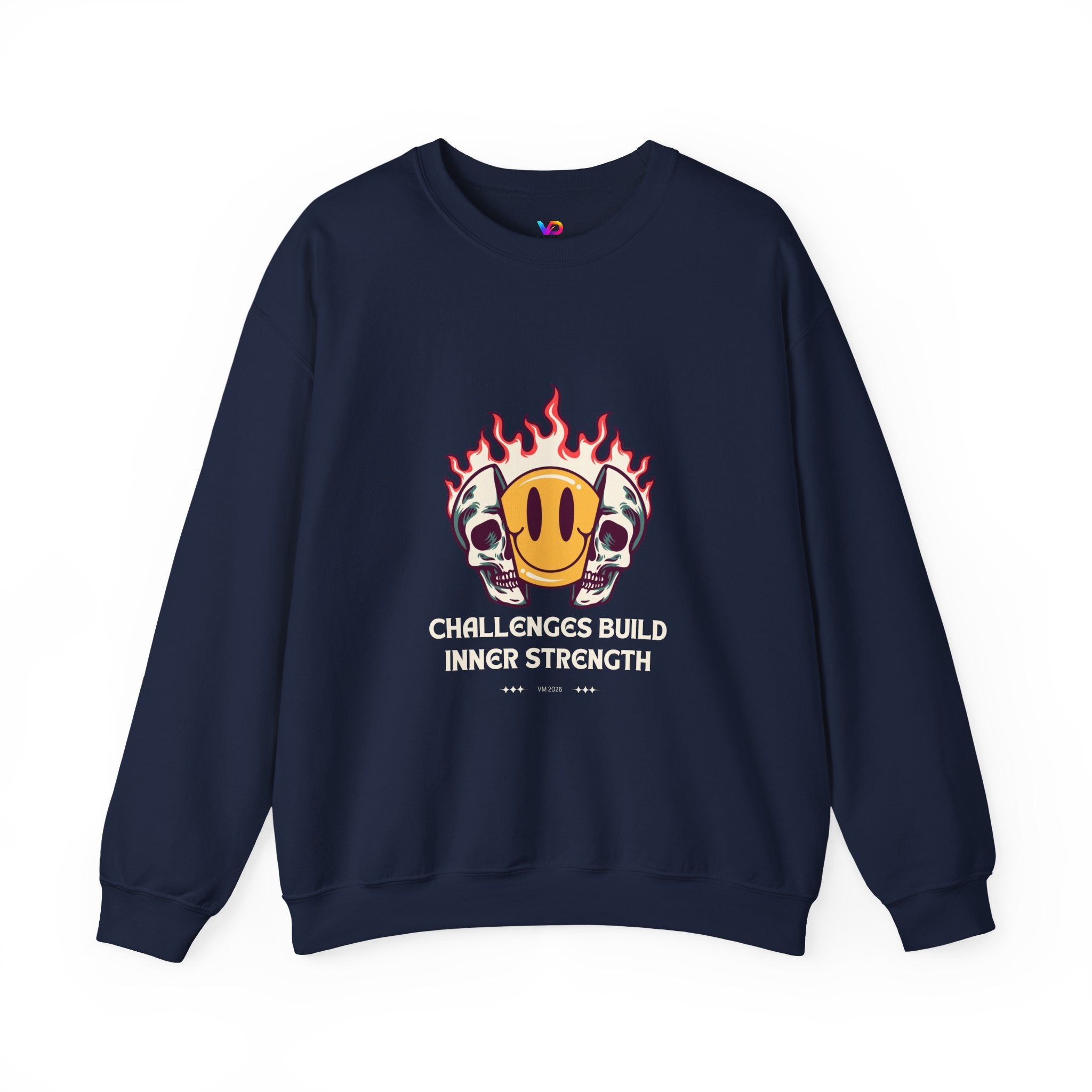 Crewneck Sweatshirt — “Challenges Build Inner Strength” Flame Smile Graphic