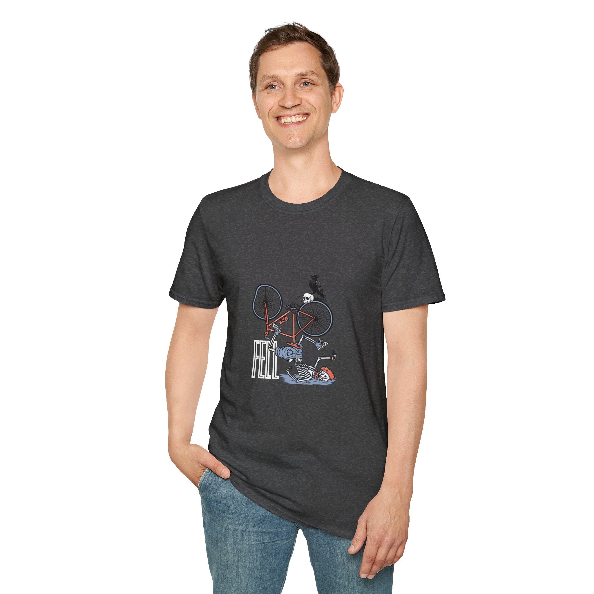 T-Shirt — Vintage Bike Crash Illustration with Crow (whimsical urban cycling tee)