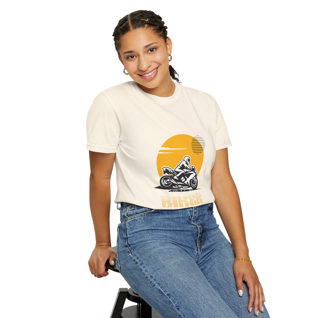 Motorcycle Rider T-Shirt — Retro Sunset Biker Graphic