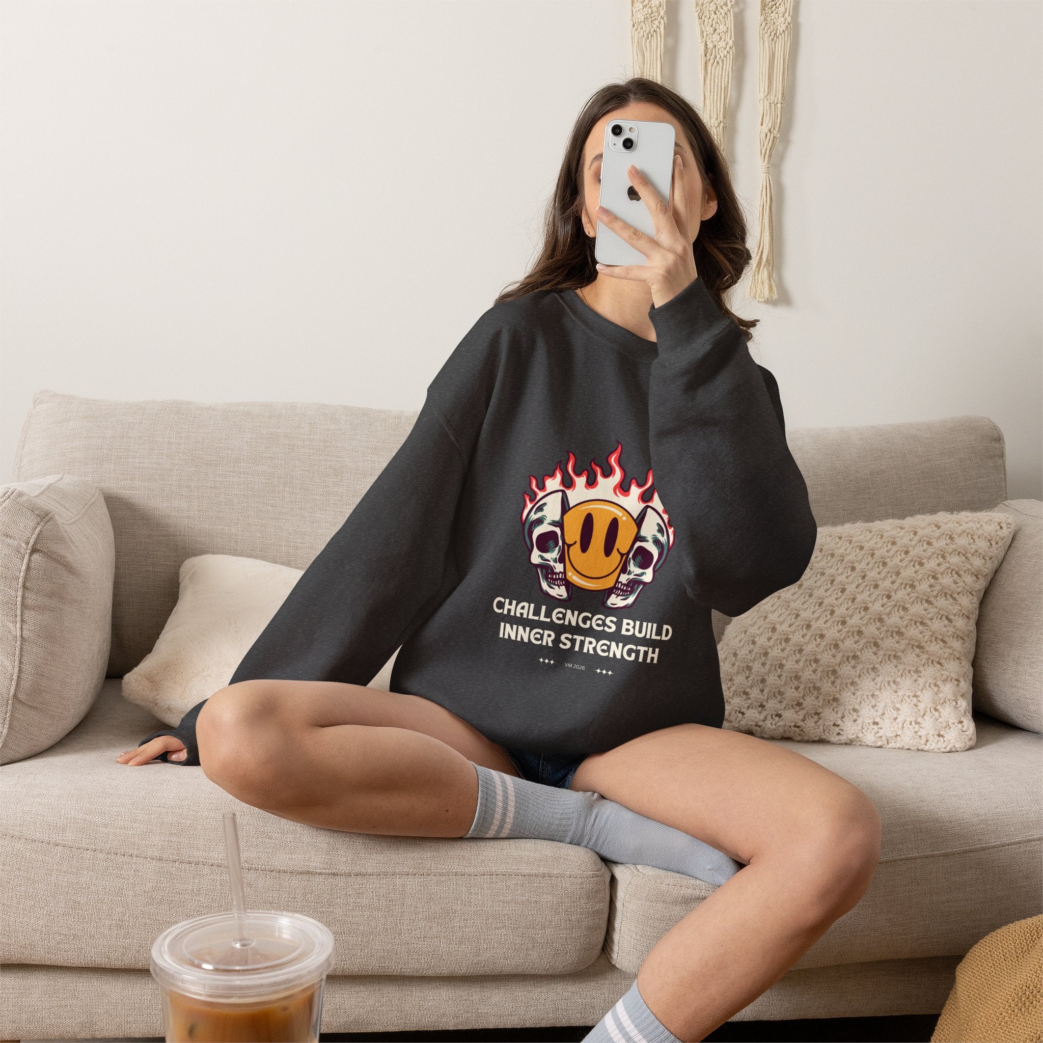 Crewneck Sweatshirt — “Challenges Build Inner Strength” Flame Smile Graphic