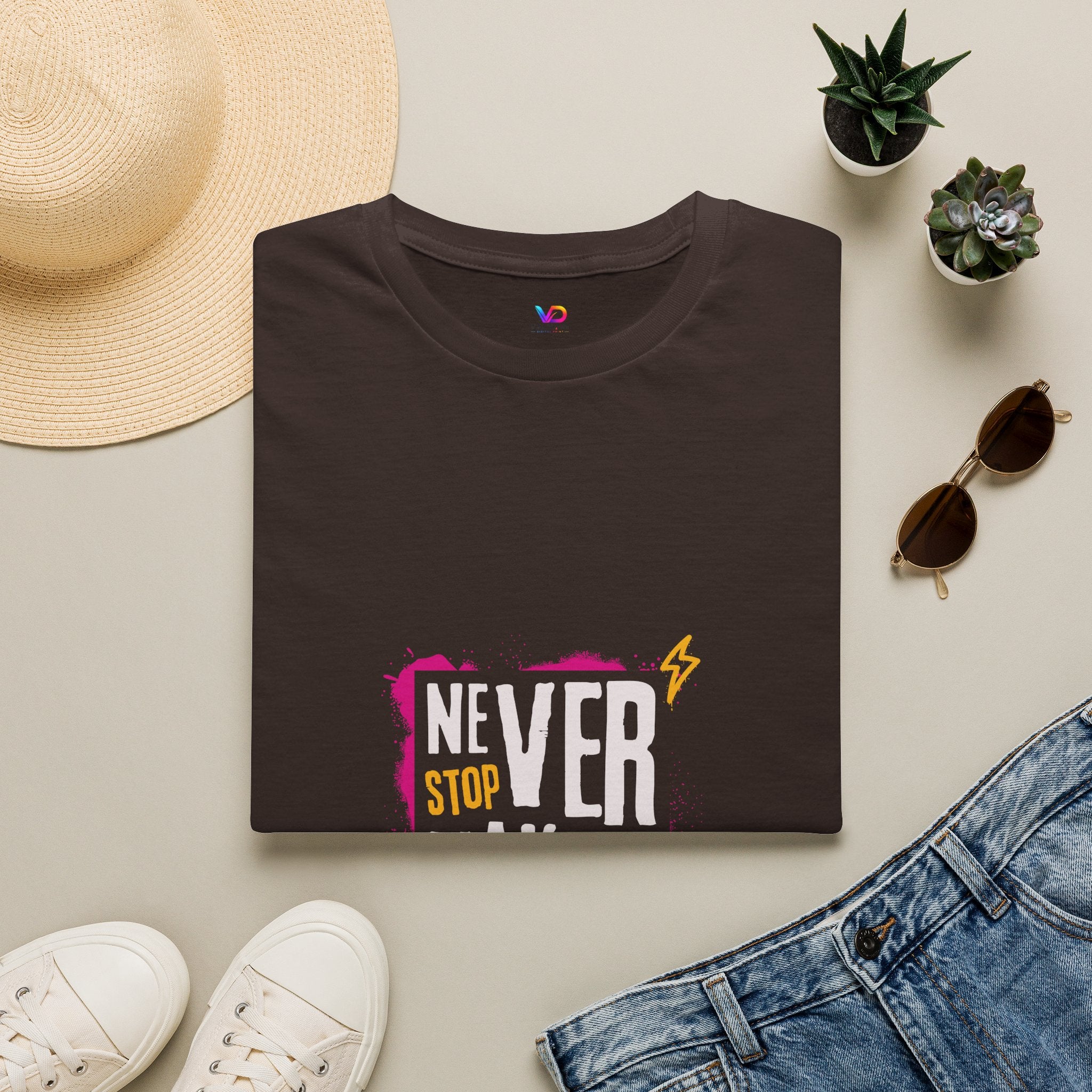 T-Shirt — "Never Stop Dreaming" Graphic Tee (Pink Brushstroke Lightning)