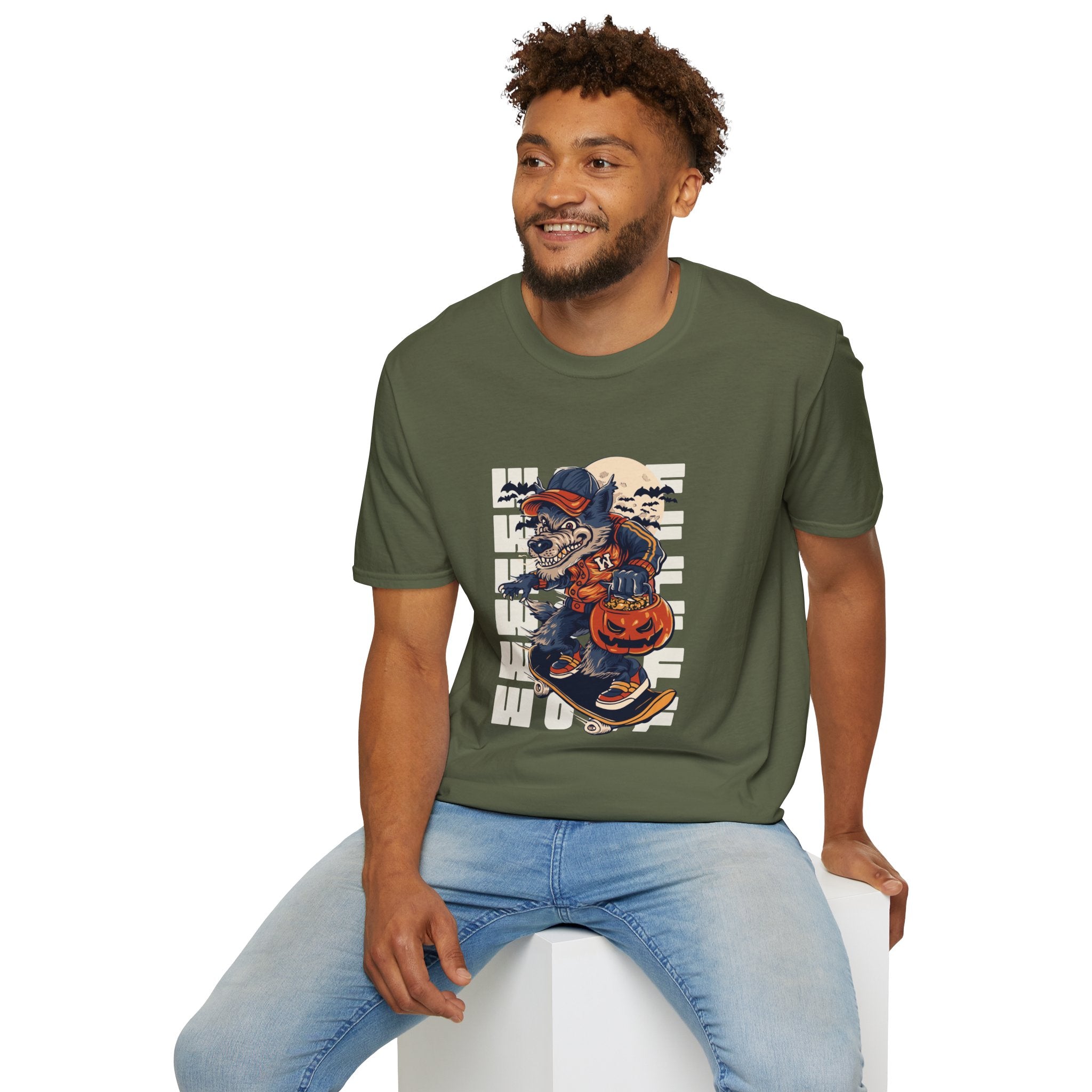 Halloween Skateboarder Skeleton T-Shirt — Spooky Pumpkin & Bats Graphic Tee