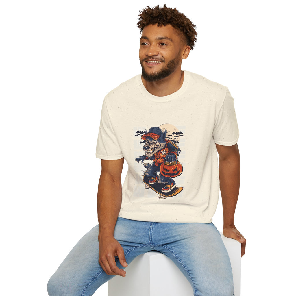 Halloween Skateboarder Skeleton T-Shirt — Spooky Pumpkin & Bats Graphic Tee