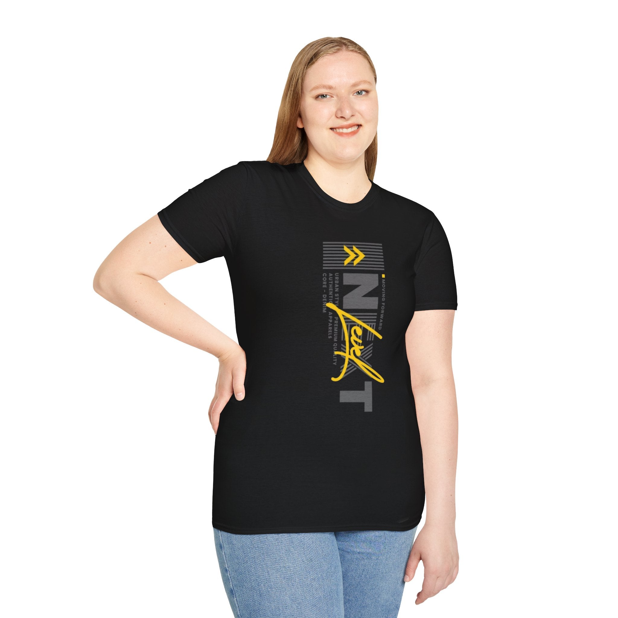 Vertical 'NEXT' Graphic T‑Shirt — Modern Yellow & Gray Streetwear Tee