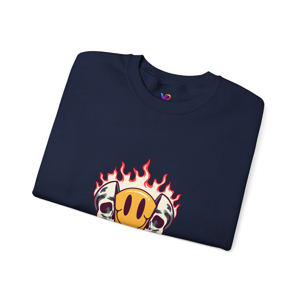 Crewneck Sweatshirt — “Challenges Build Inner Strength” Flame Smile Graphic