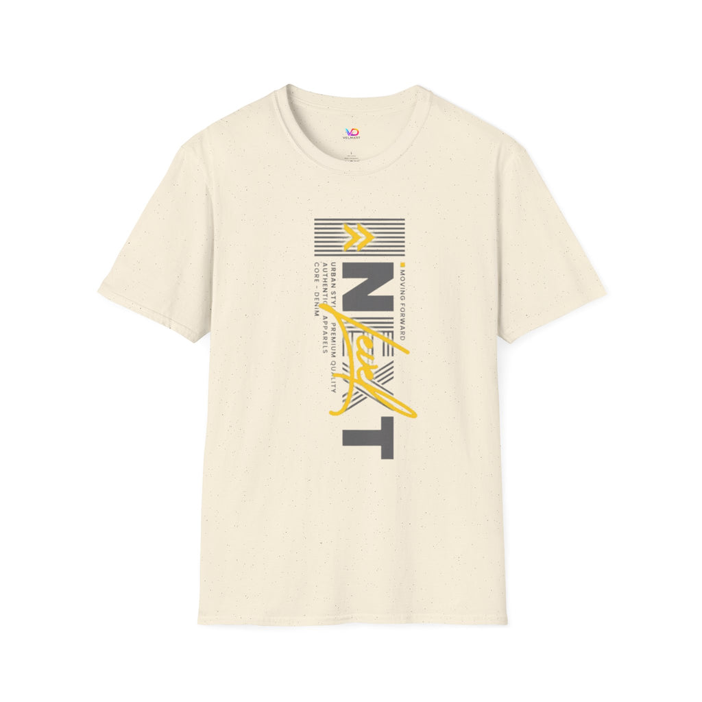 Vertical 'NEXT' Graphic T‑Shirt — Modern Yellow & Gray Streetwear Tee