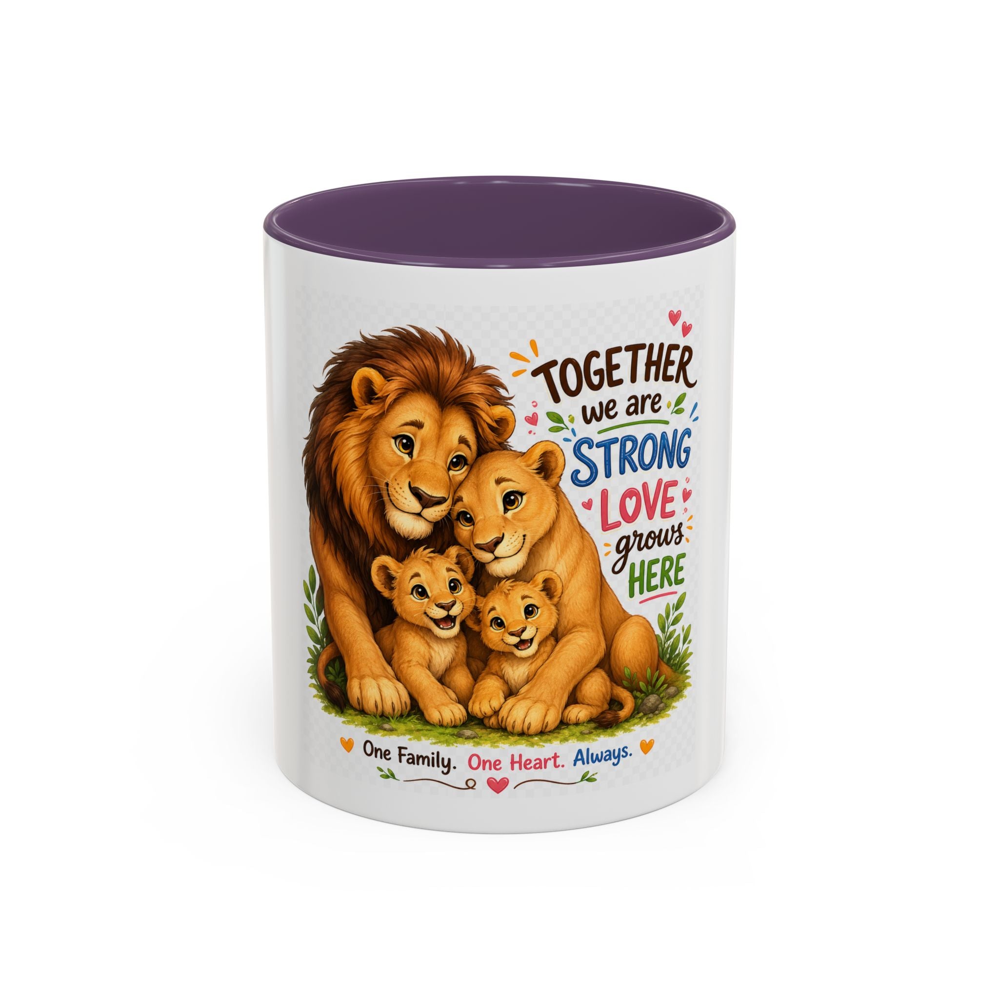 Family Lion Coffee Mug — "Together We Are Strong, Love Grows Here" Accent Mug