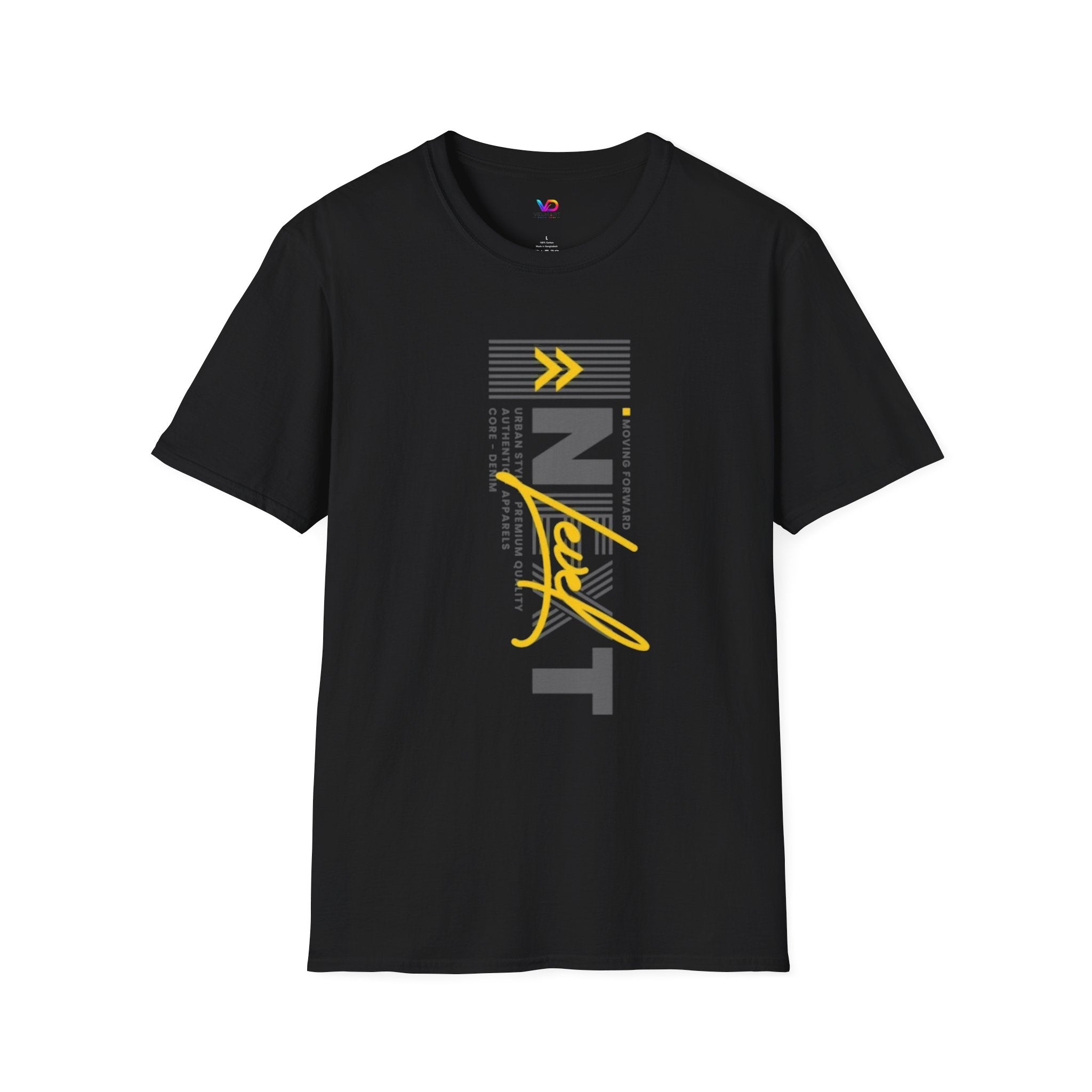Vertical 'NEXT' Graphic T‑Shirt — Modern Yellow & Gray Streetwear Tee