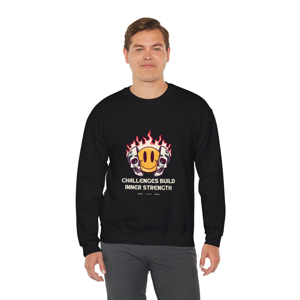 Crewneck Sweatshirt — “Challenges Build Inner Strength” Flame Smile Graphic