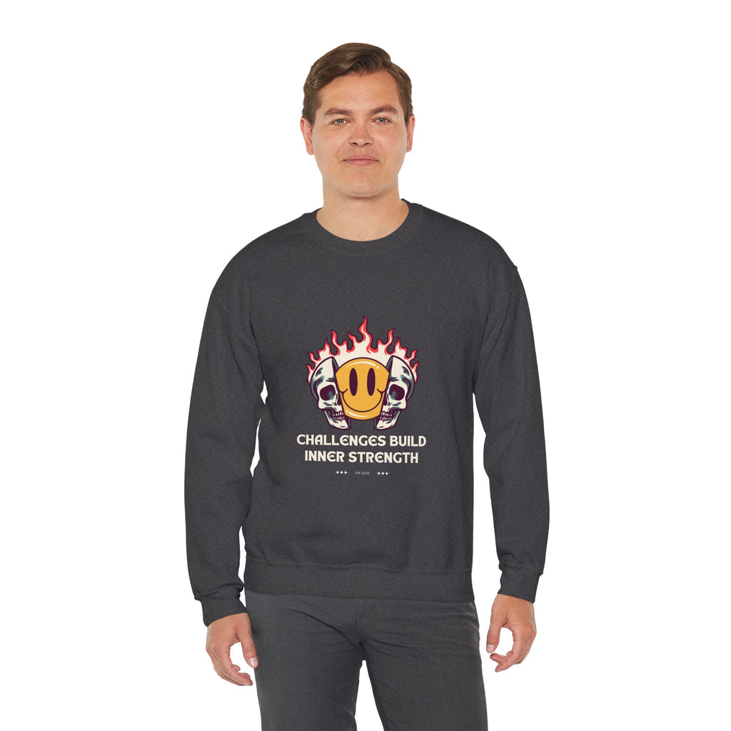 Crewneck Sweatshirt — “Challenges Build Inner Strength” Flame Smile Graphic
