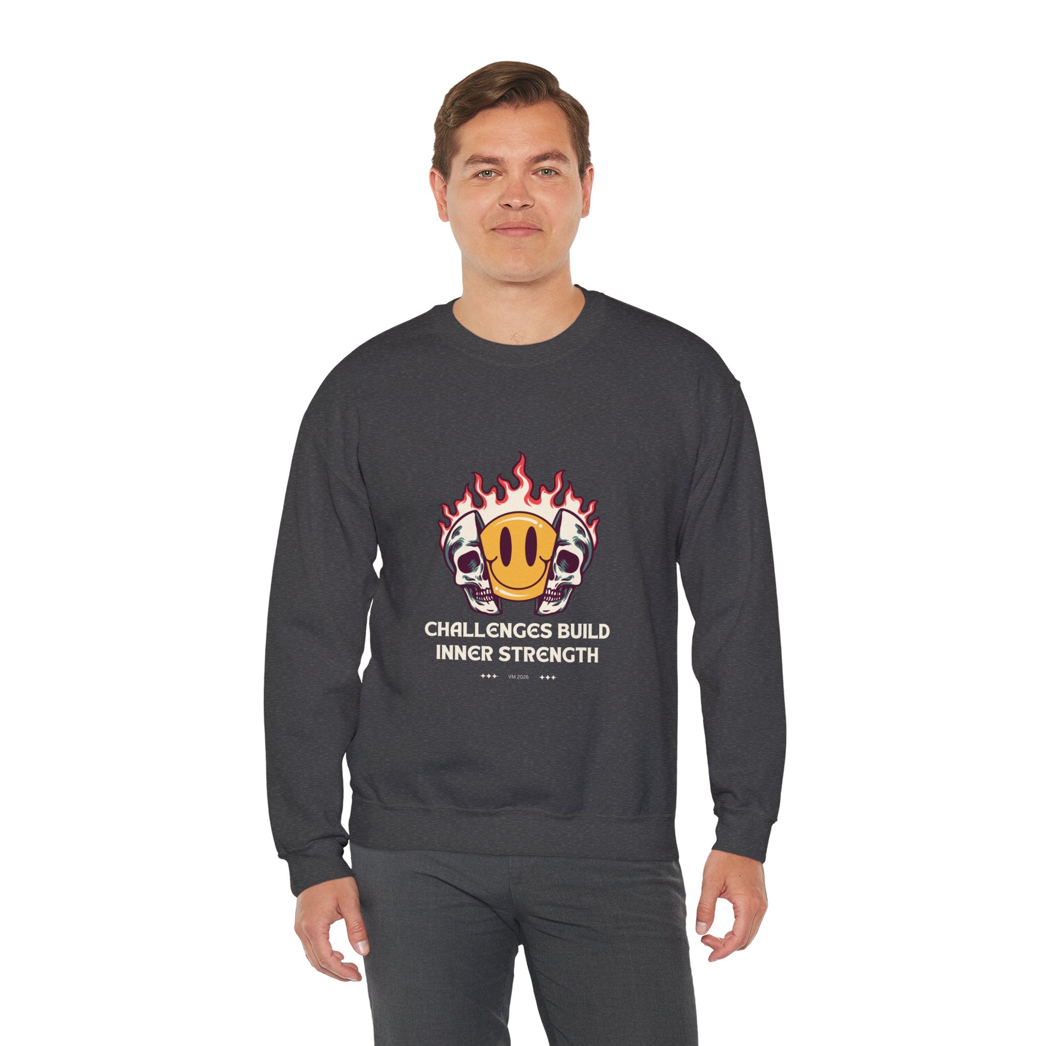 Crewneck Sweatshirt — “Challenges Build Inner Strength” Flame Smile Graphic