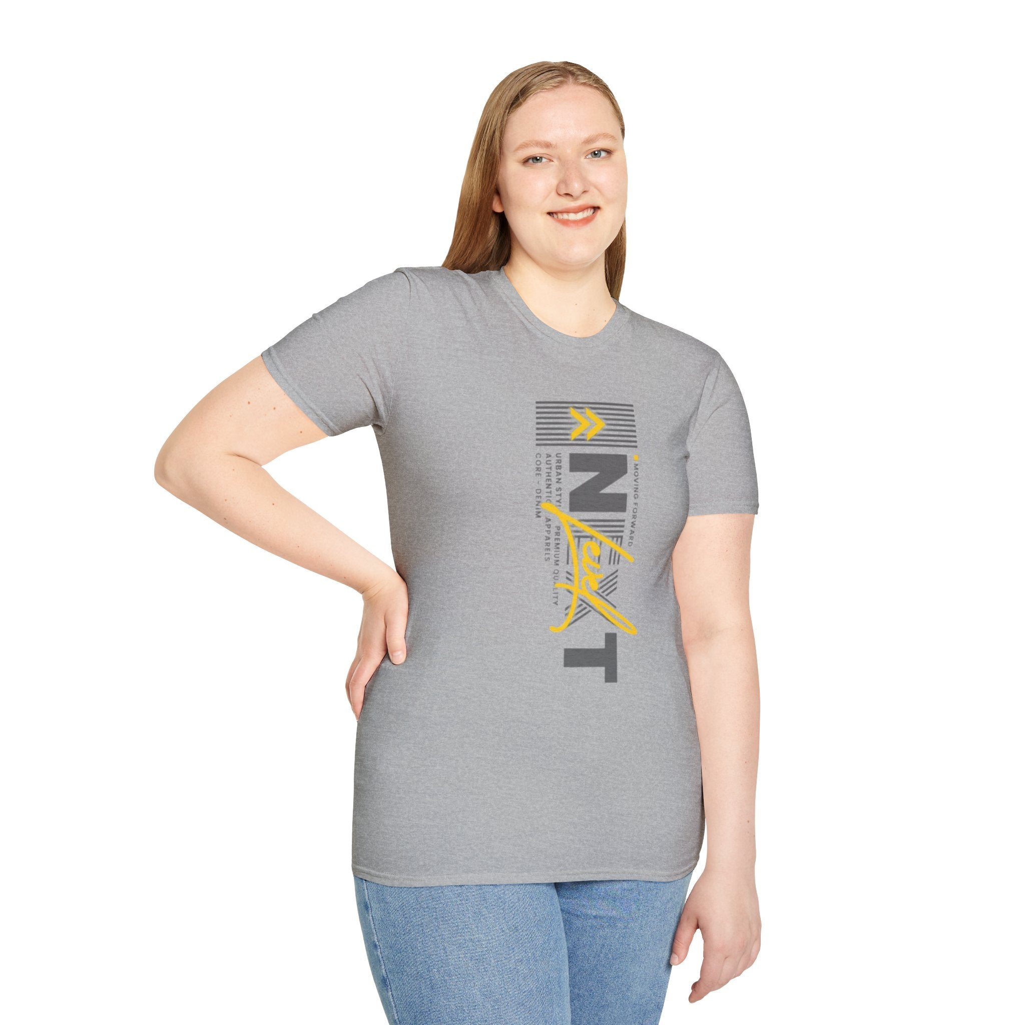 Vertical 'NEXT' Graphic T‑Shirt — Modern Yellow & Gray Streetwear Tee