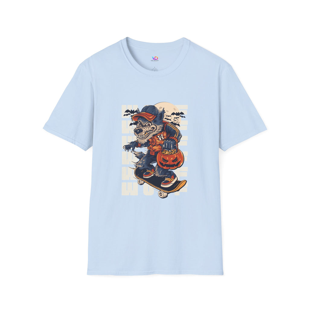 Halloween Skateboarder Skeleton T-Shirt — Spooky Pumpkin & Bats Graphic Tee