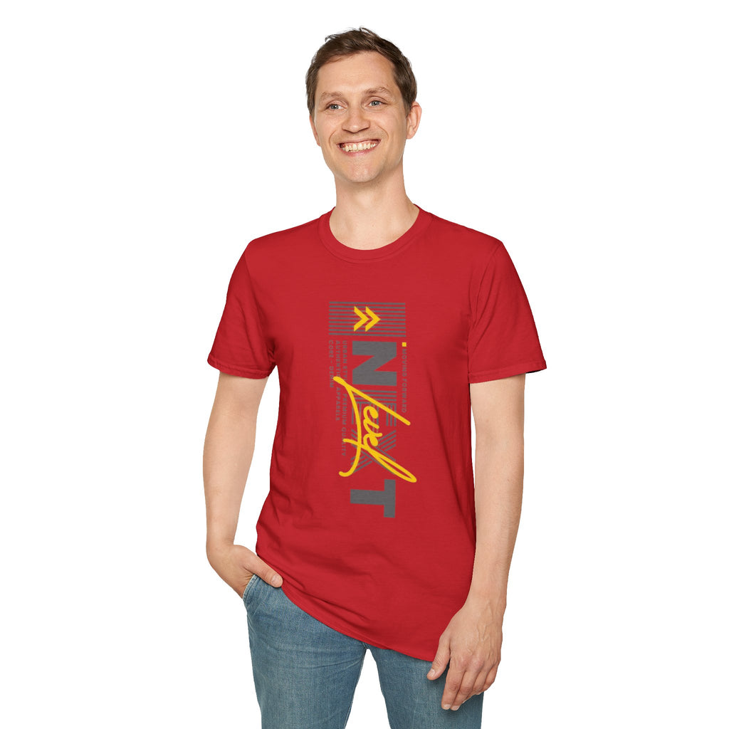 Vertical 'NEXT' Graphic T‑Shirt — Modern Yellow & Gray Streetwear Tee
