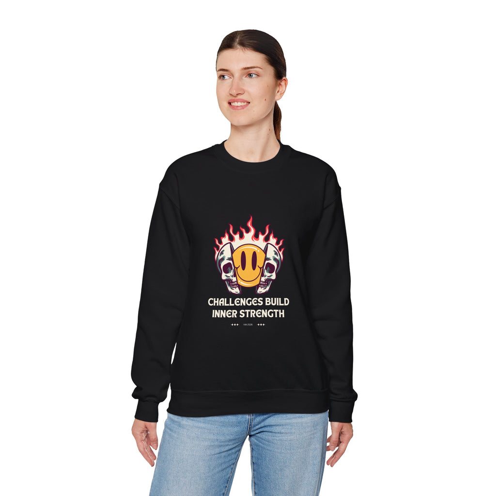 Crewneck Sweatshirt — “Challenges Build Inner Strength” Flame Smile Graphic