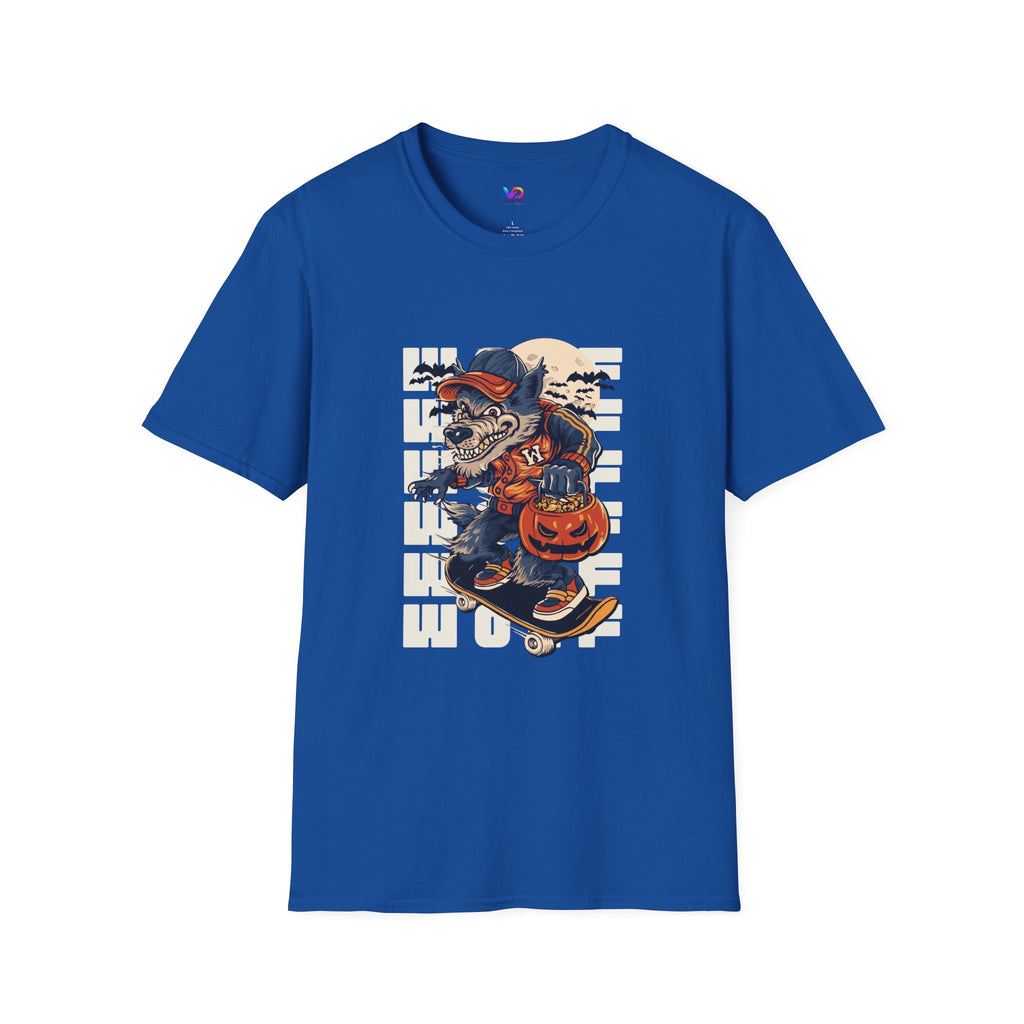Halloween Skateboarder Skeleton T-Shirt — Spooky Pumpkin & Bats Graphic Tee