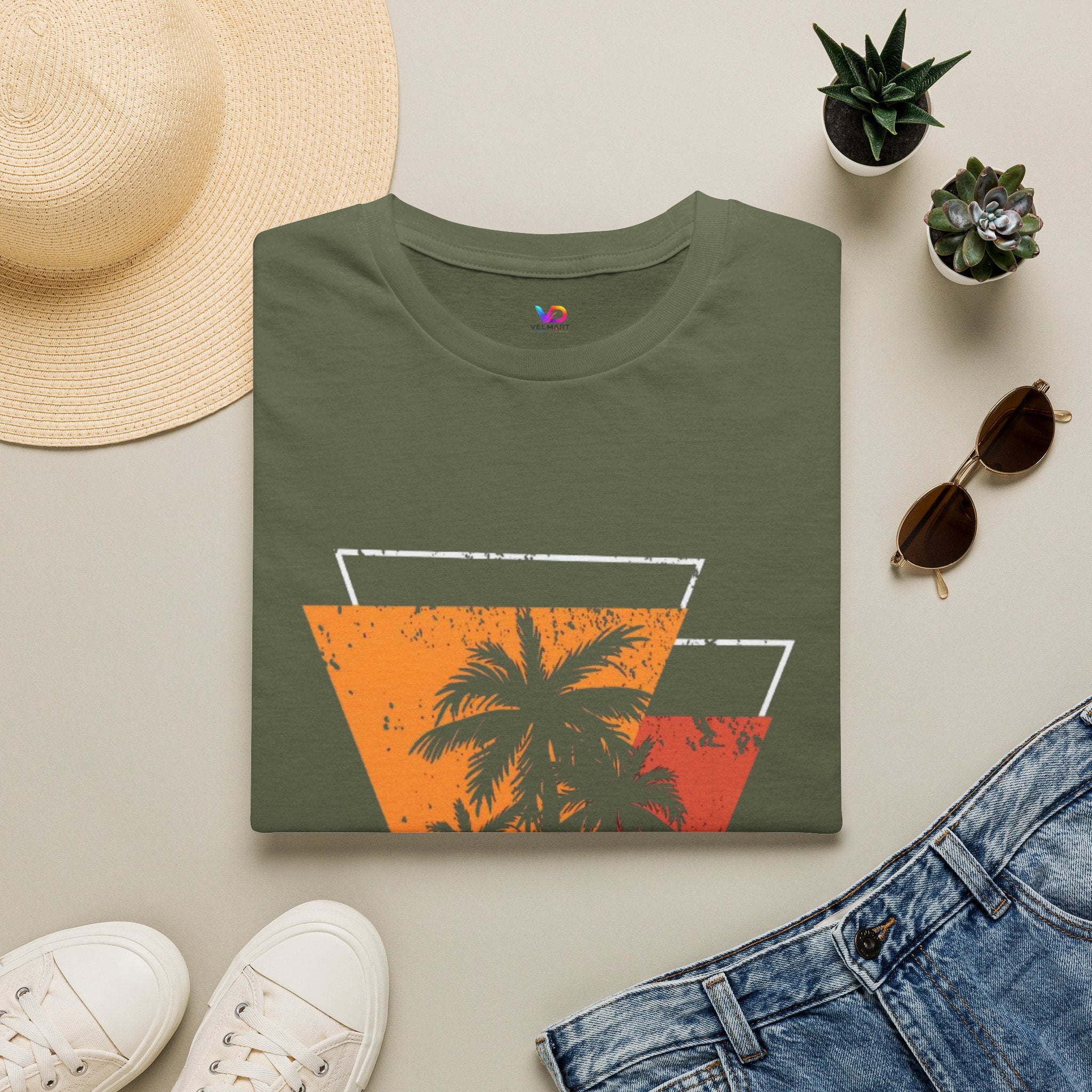 Vintage Palm Triangle T‑Shirt — Retro Sunset Beach Tee