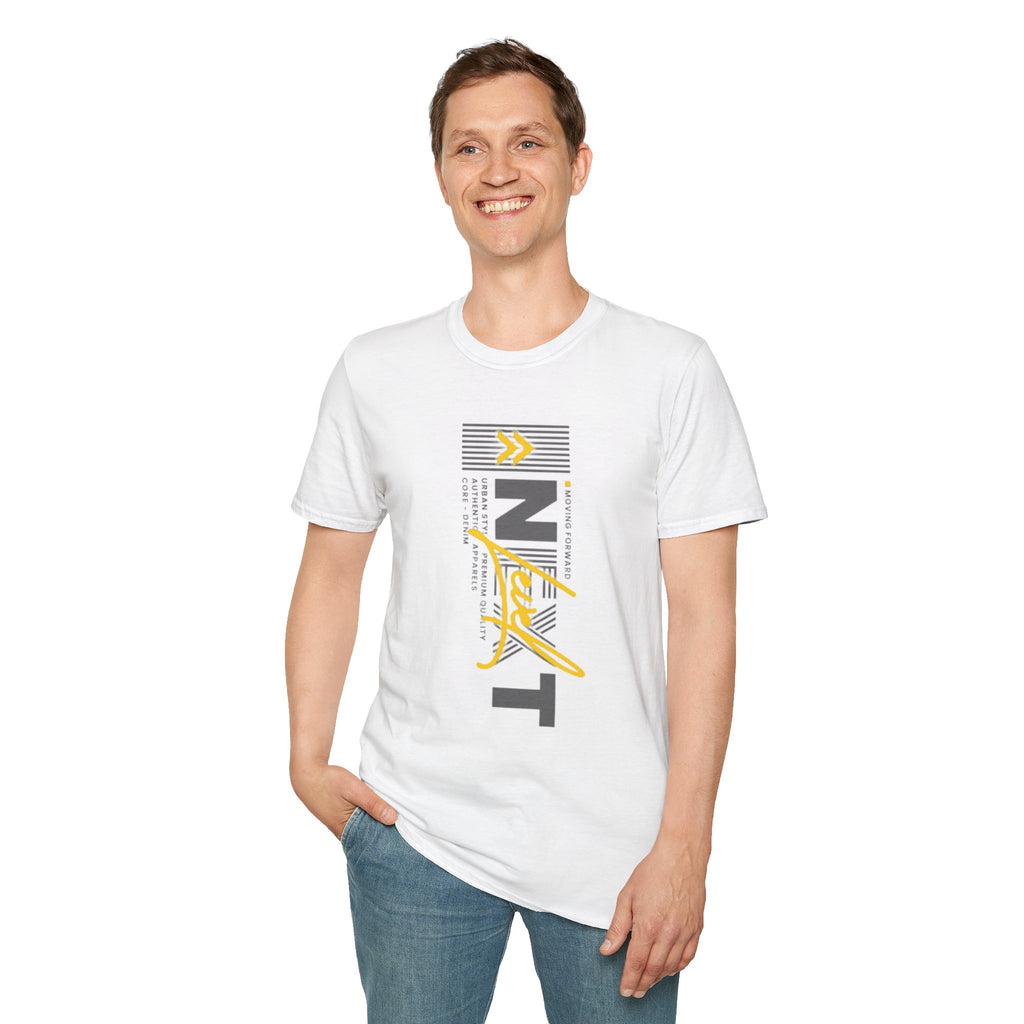 Vertical 'NEXT' Graphic T‑Shirt — Modern Yellow & Gray Streetwear Tee