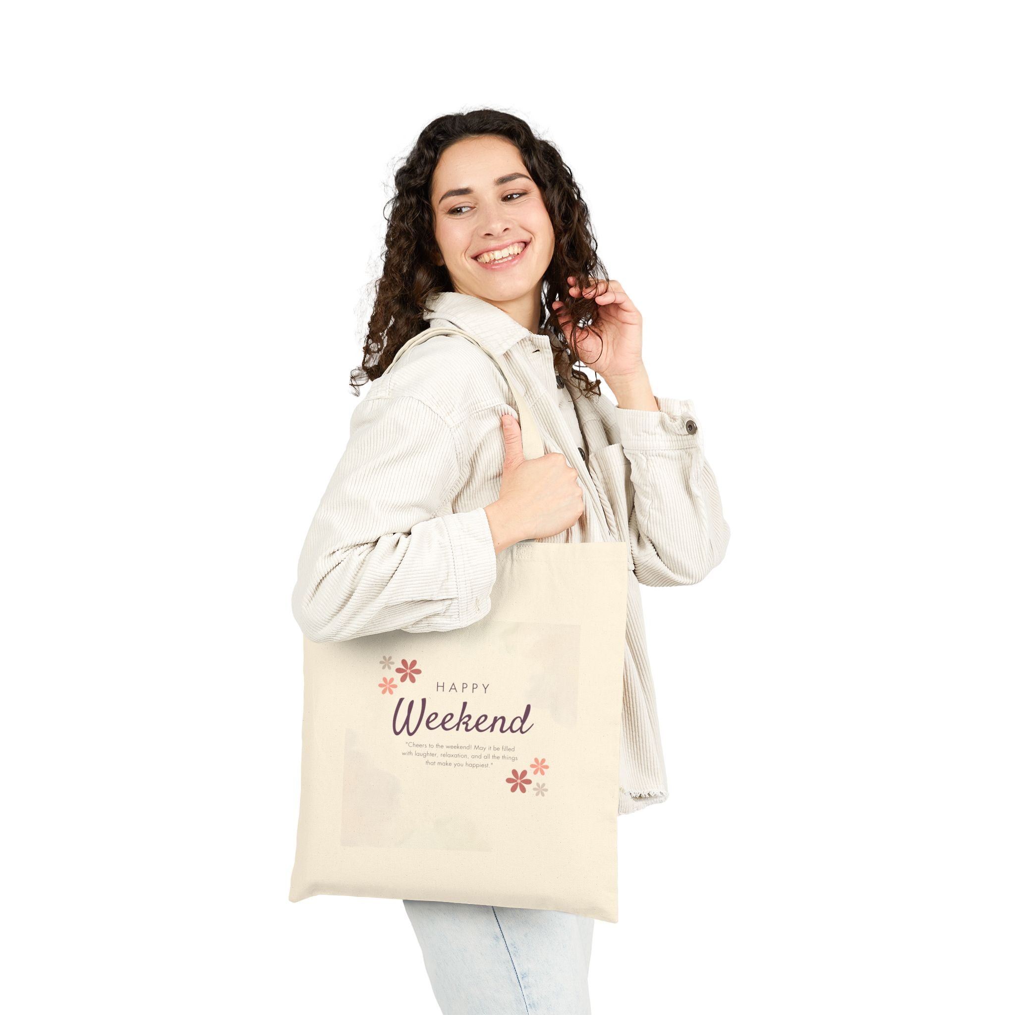 Happy Weekend Canvas Tote Bag — Floral Cotton Market Bag