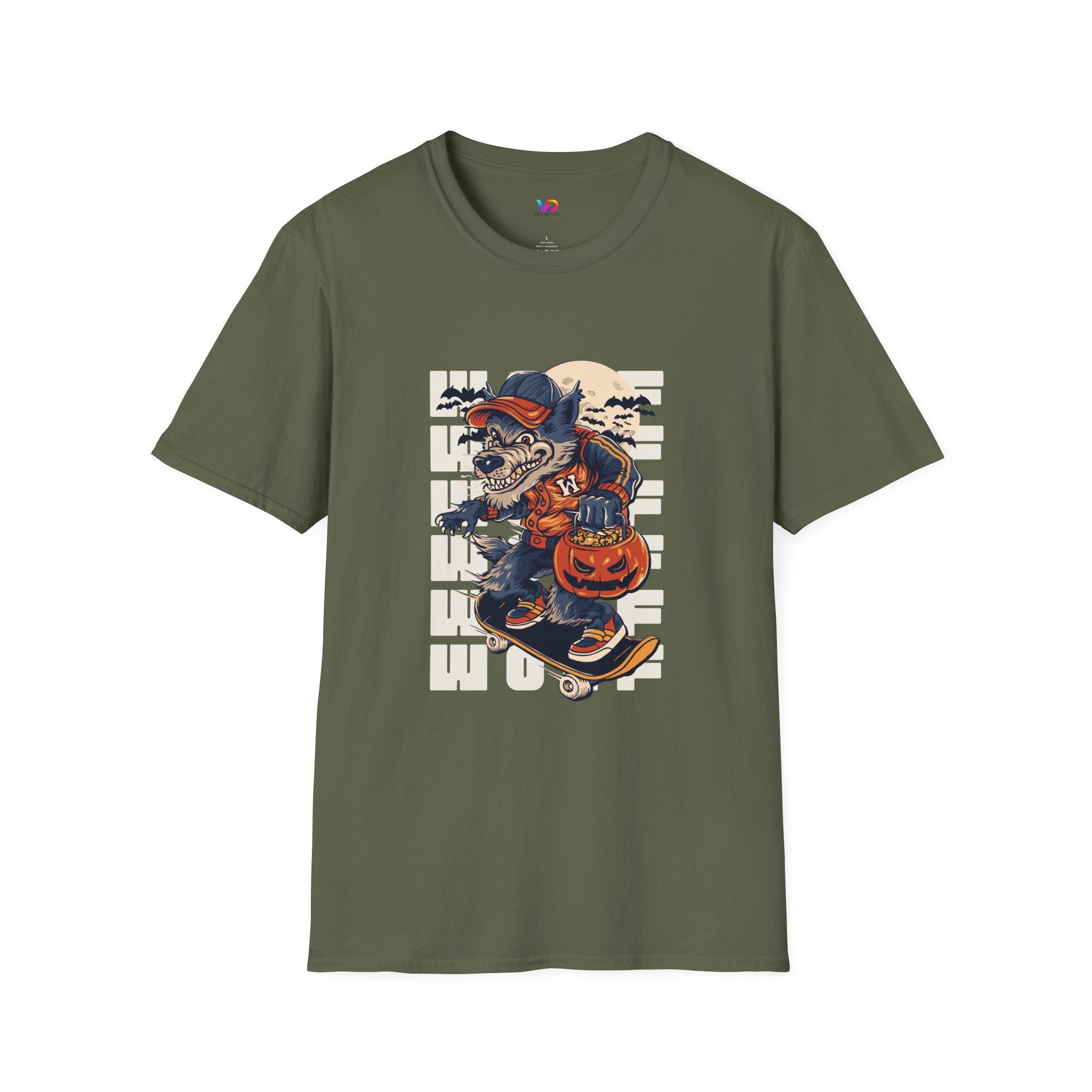 Halloween Skateboarder Skeleton T-Shirt — Spooky Pumpkin & Bats Graphic Tee