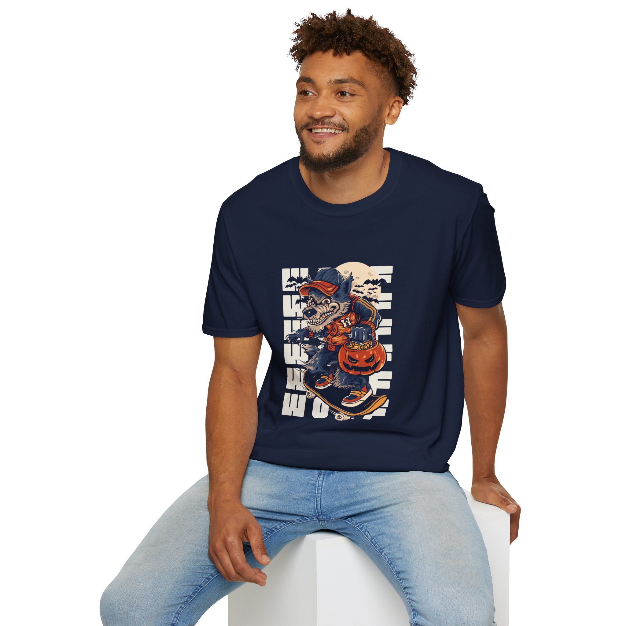 Halloween Skateboarder Skeleton T-Shirt — Spooky Pumpkin & Bats Graphic Tee