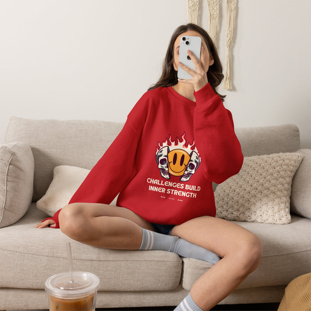 Crewneck Sweatshirt — “Challenges Build Inner Strength” Flame Smile Graphic