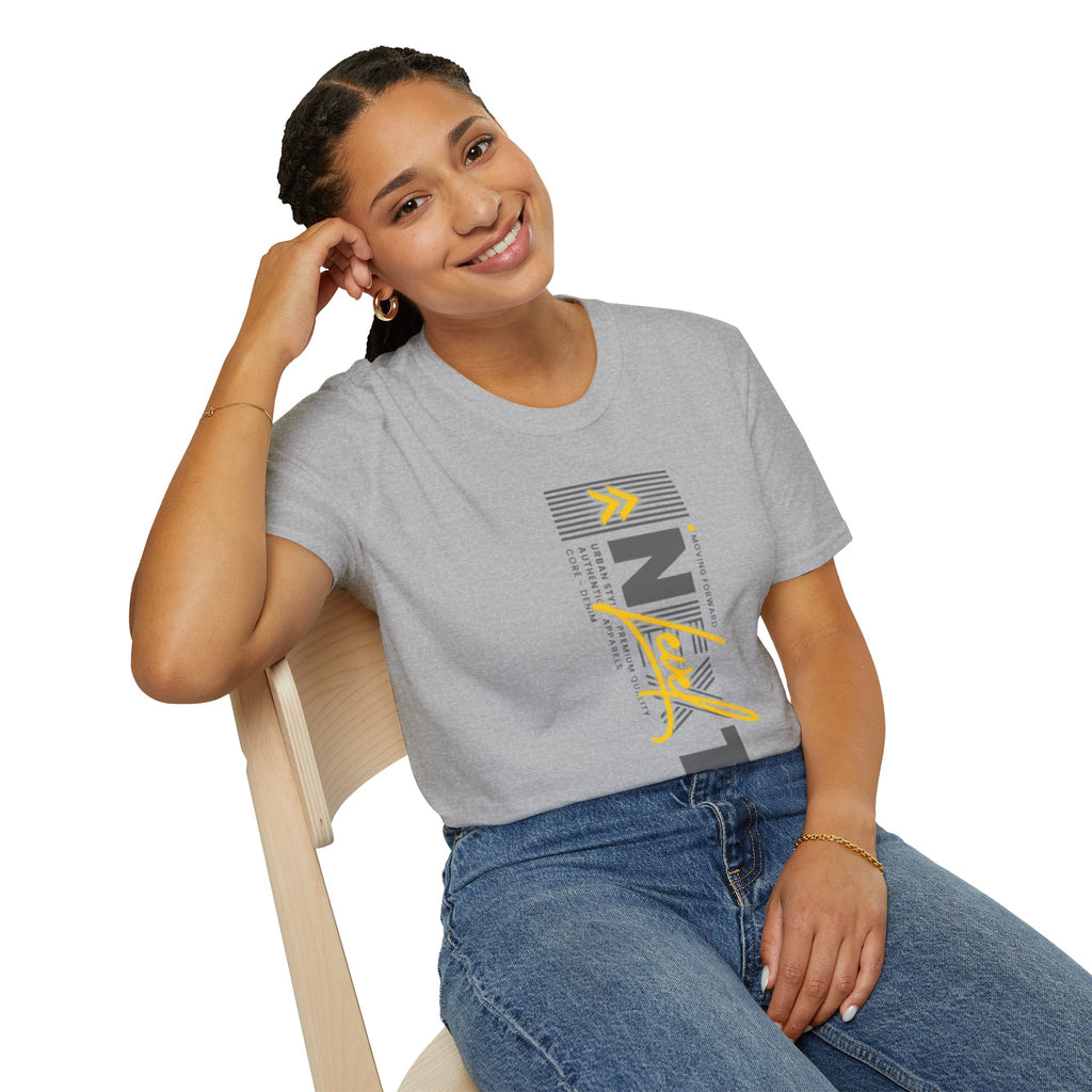 Vertical 'NEXT' Graphic T‑Shirt — Modern Yellow & Gray Streetwear Tee