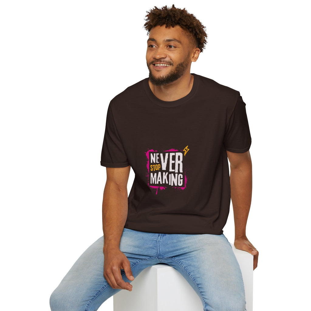 T-Shirt — "Never Stop Dreaming" Graphic Tee (Pink Brushstroke Lightning)