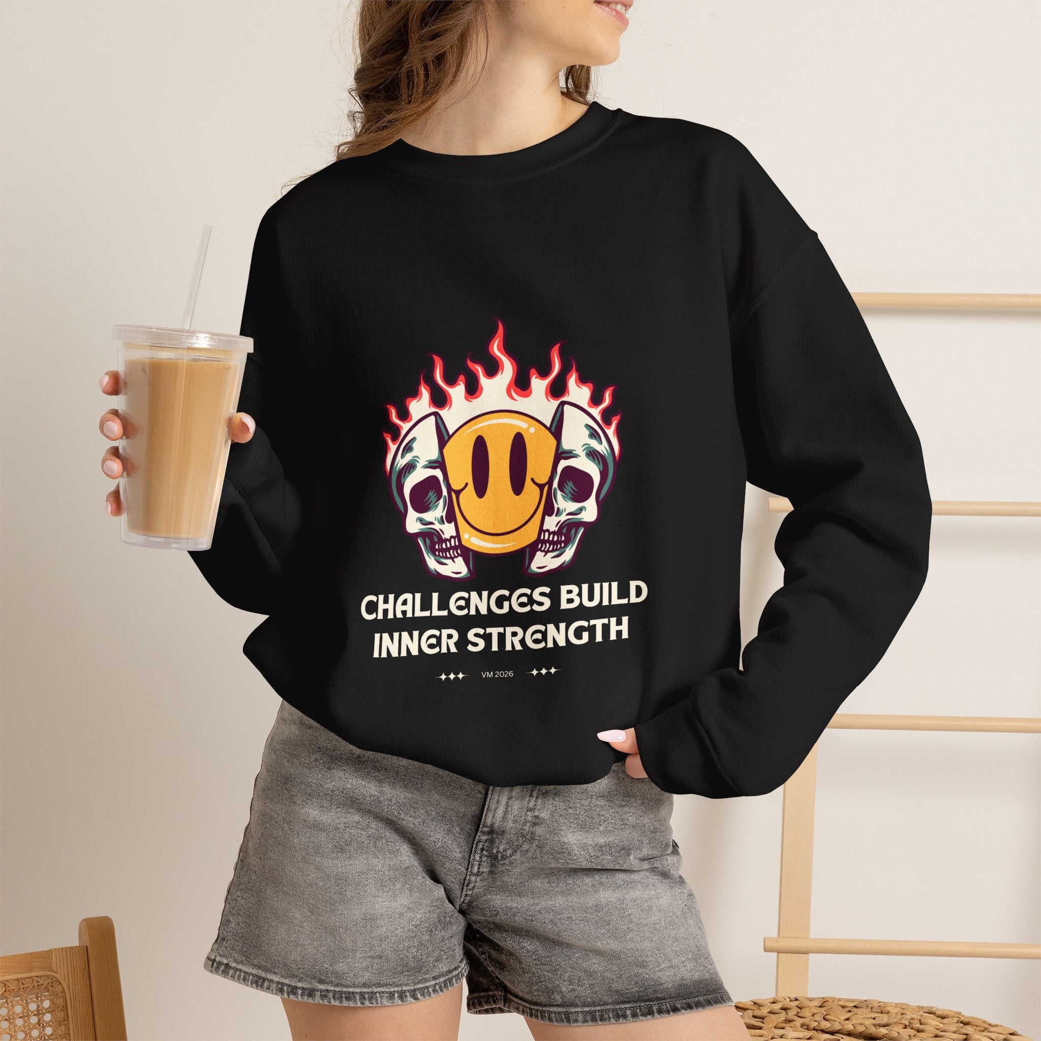 Crewneck Sweatshirt — “Challenges Build Inner Strength” Flame Smile Graphic