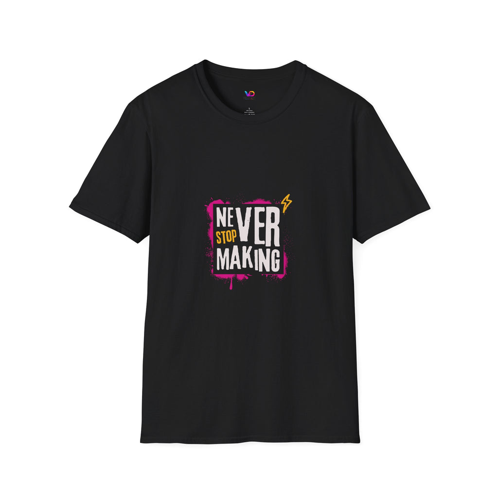T-Shirt — "Never Stop Dreaming" Graphic Tee (Pink Brushstroke Lightning)