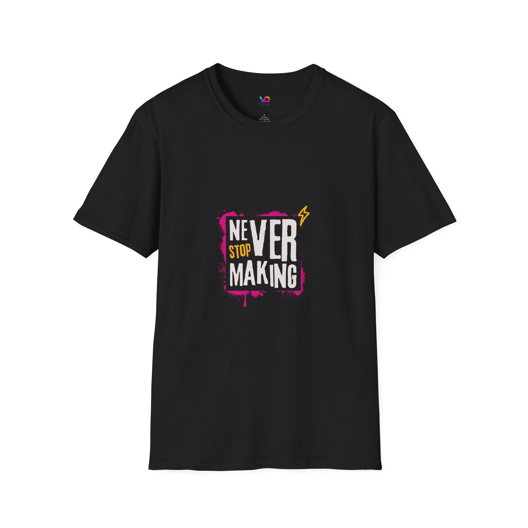 T-Shirt — "Never Stop Dreaming" Graphic Tee (Pink Brushstroke Lightning)