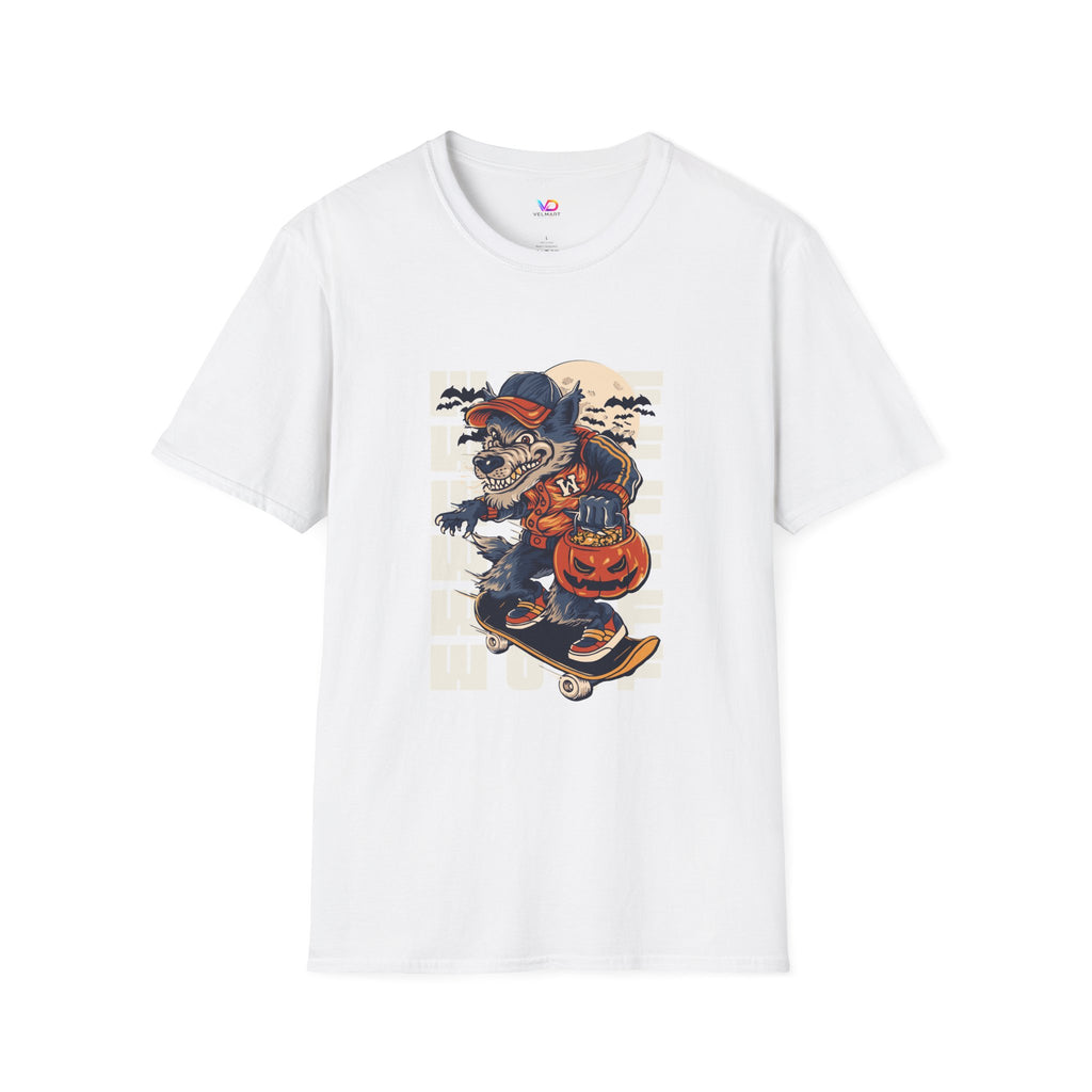 Halloween Skateboarder Skeleton T-Shirt — Spooky Pumpkin & Bats Graphic Tee