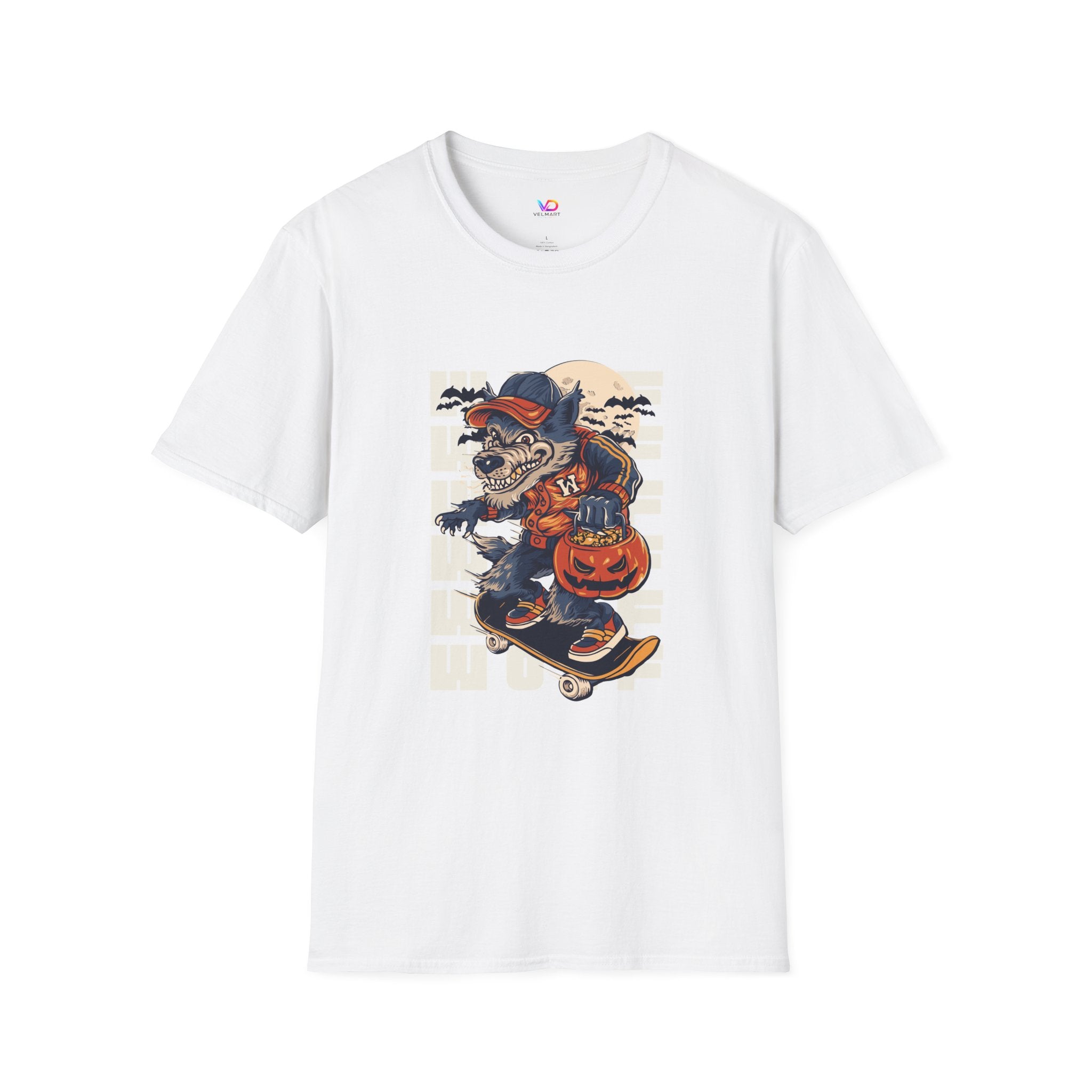 Halloween Skateboarder Skeleton T-Shirt — Spooky Pumpkin & Bats Graphic Tee