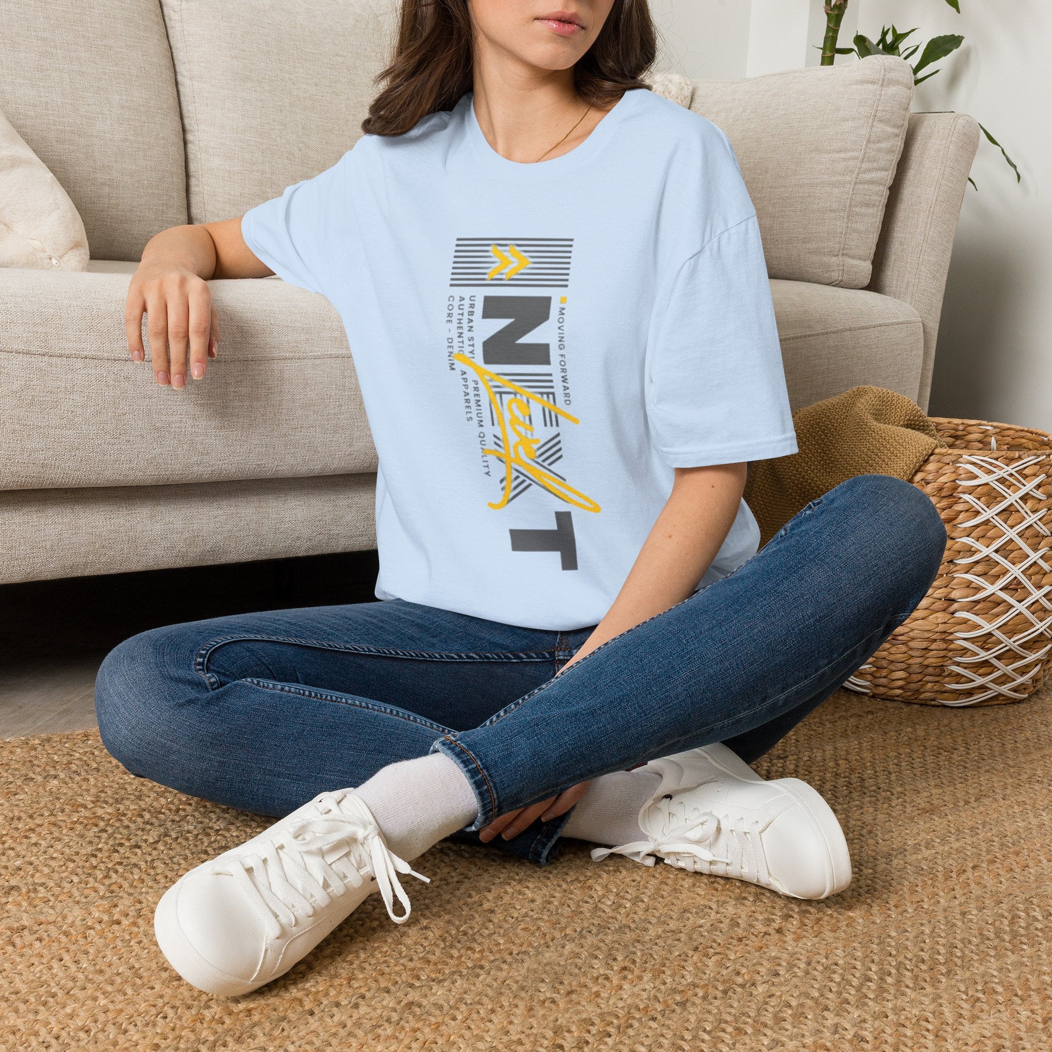 Vertical 'NEXT' Graphic T‑Shirt — Modern Yellow & Gray Streetwear Tee