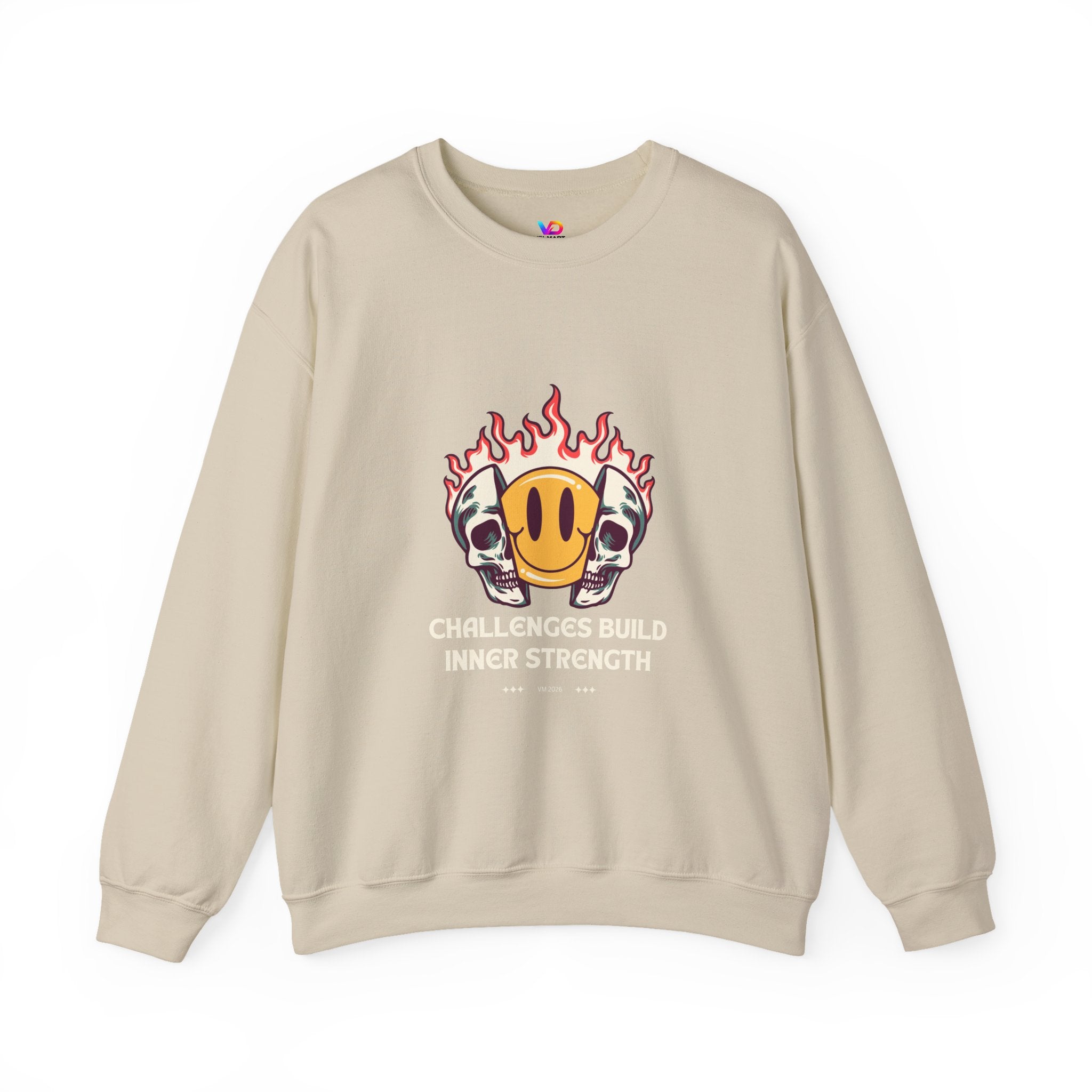 Crewneck Sweatshirt — “Challenges Build Inner Strength” Flame Smile Graphic