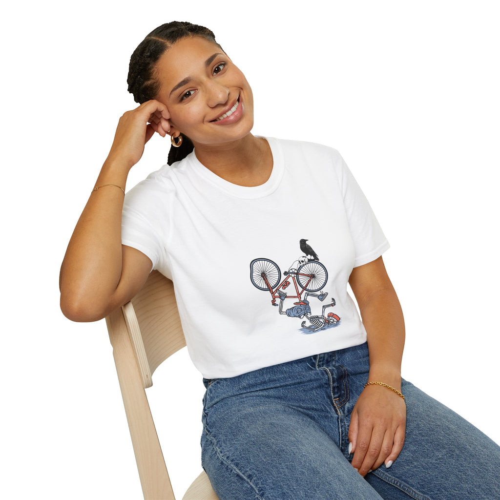 T-Shirt — Vintage Bike Crash Illustration with Crow (whimsical urban cycling tee)