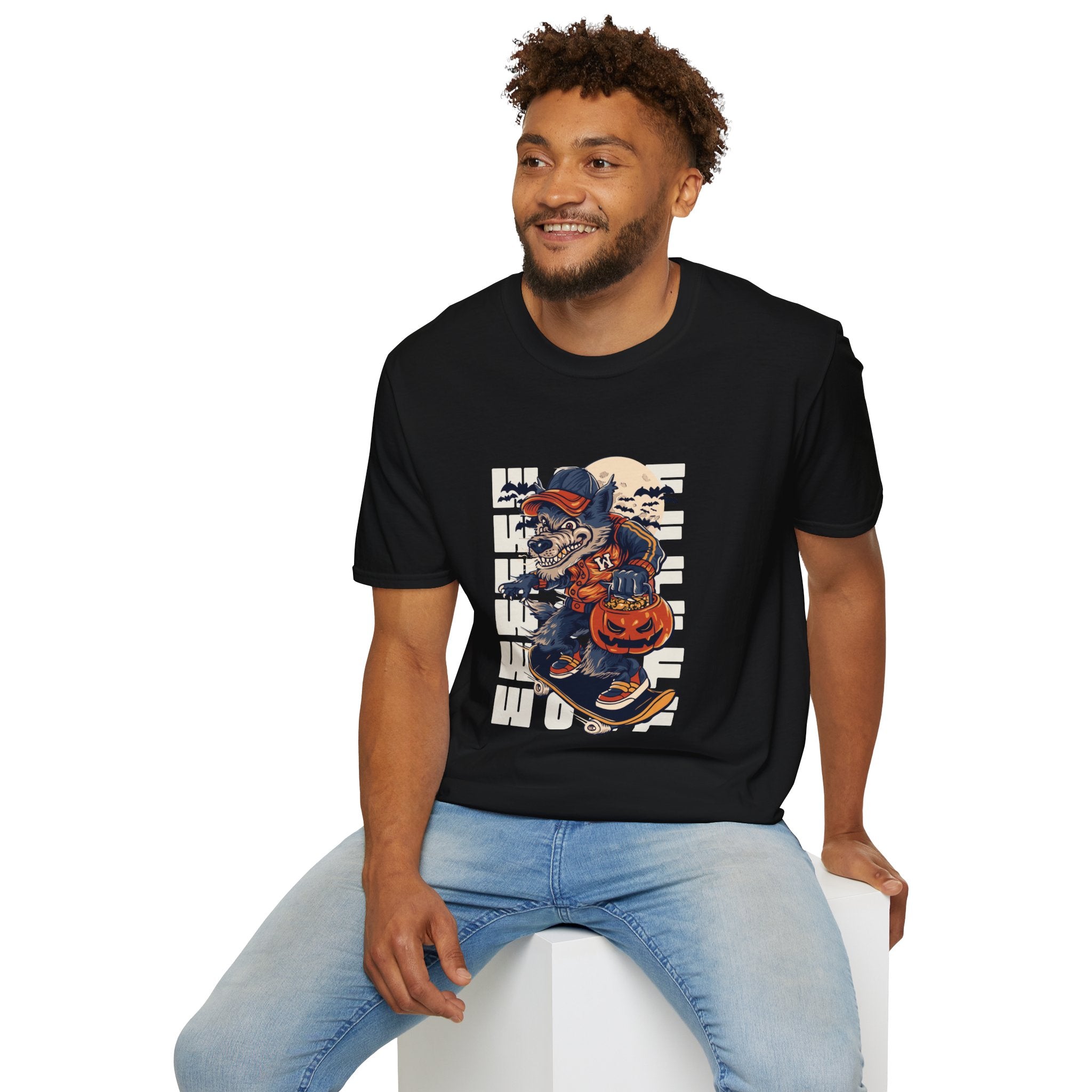 Halloween Skateboarder Skeleton T-Shirt — Spooky Pumpkin & Bats Graphic Tee