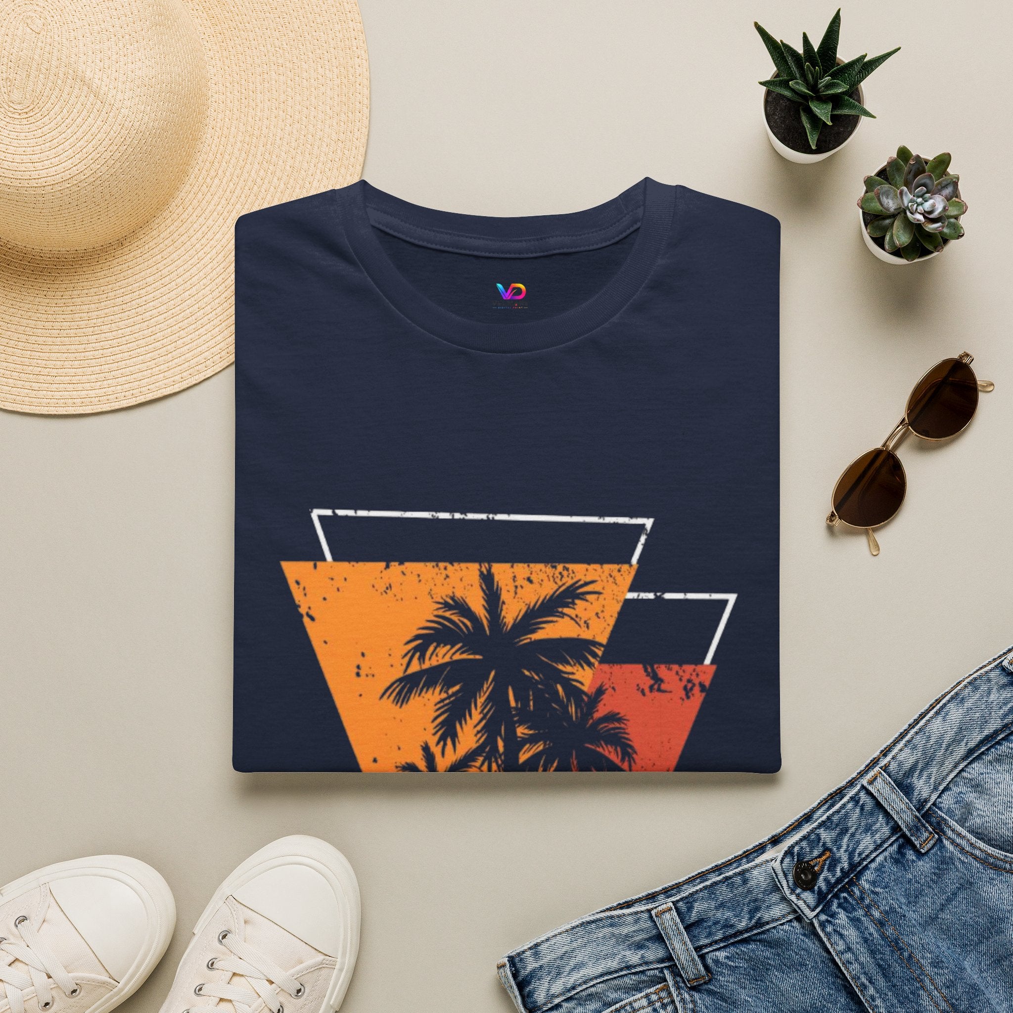 Vintage Palm Triangle T‑Shirt — Retro Sunset Beach Tee