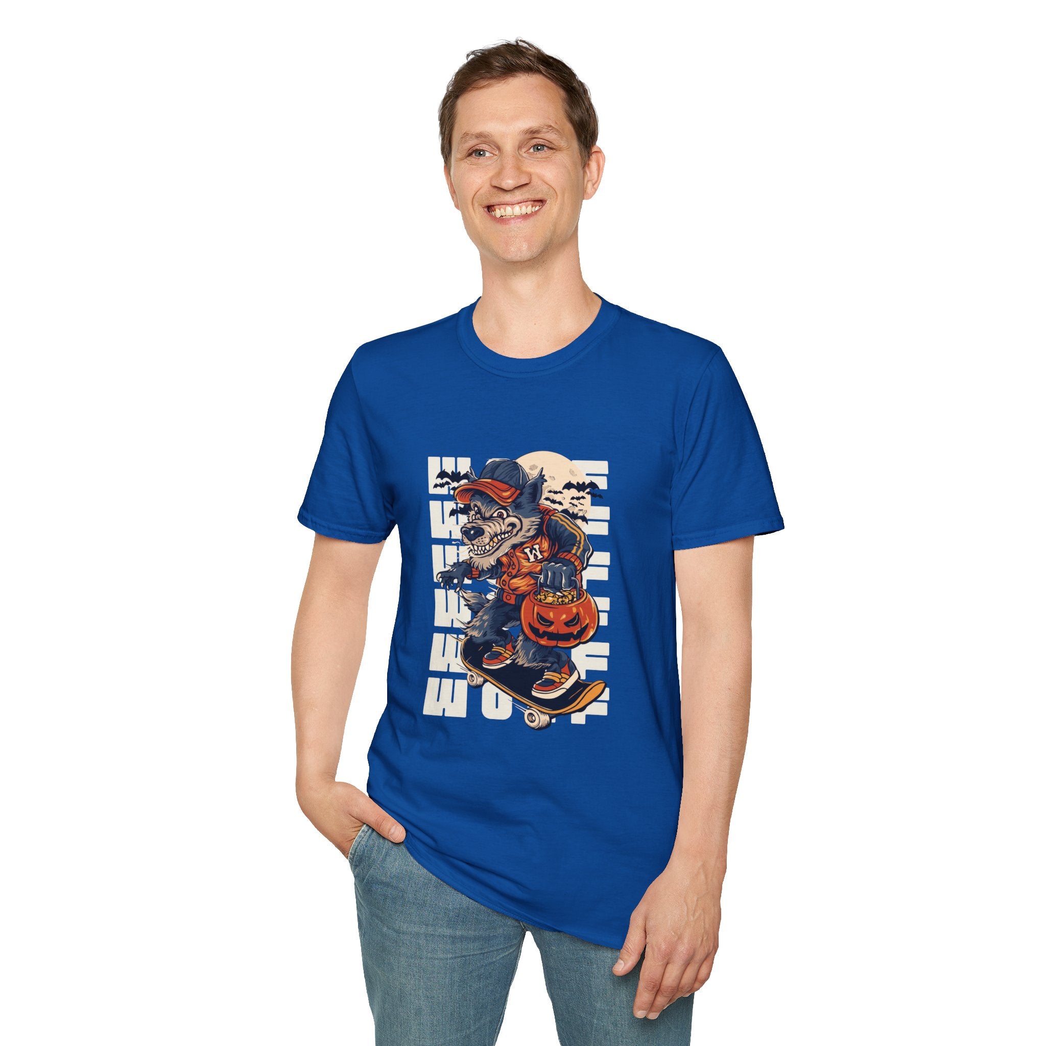 Halloween Skateboarder Skeleton T-Shirt — Spooky Pumpkin & Bats Graphic Tee