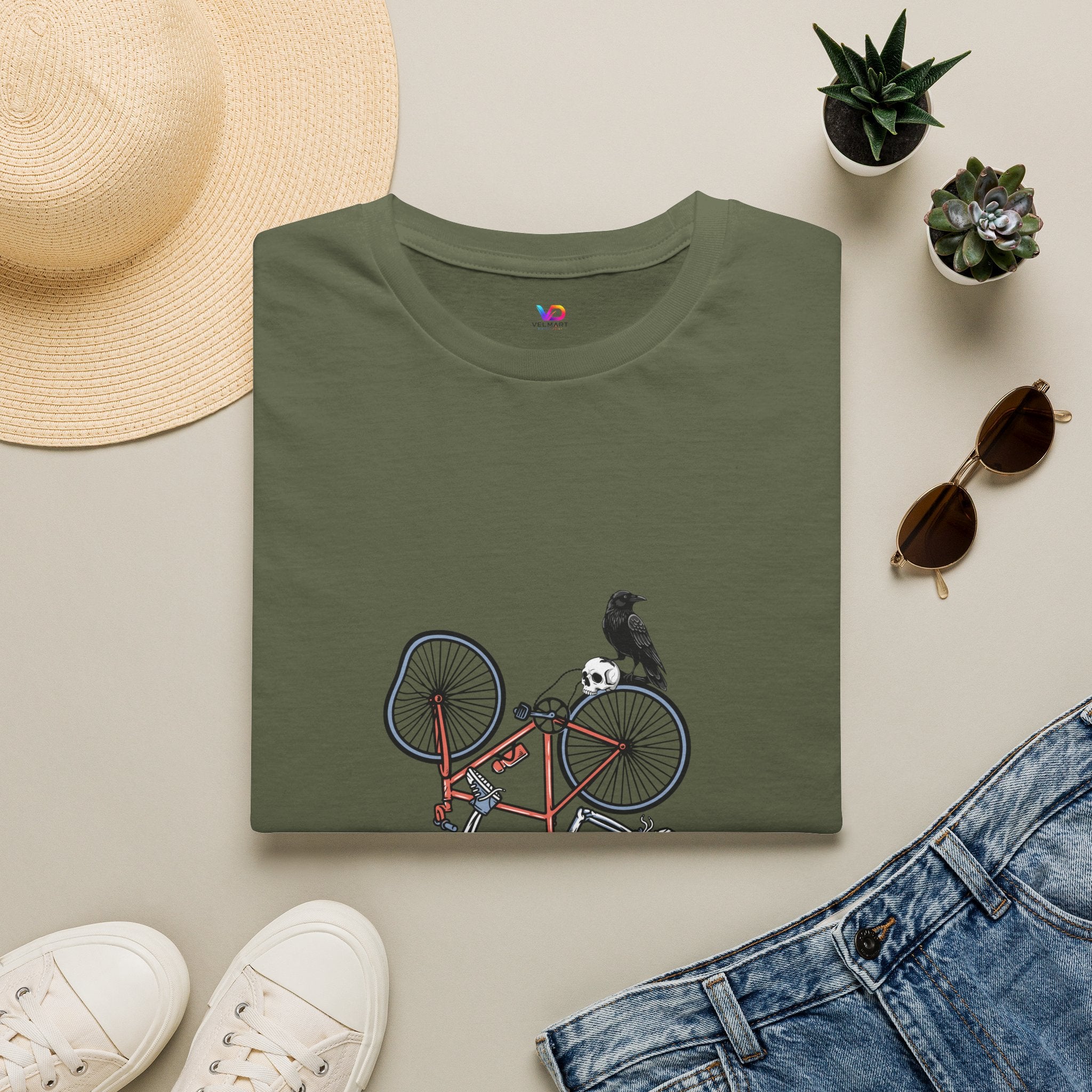 T-Shirt — Vintage Bike Crash Illustration with Crow (whimsical urban cycling tee)