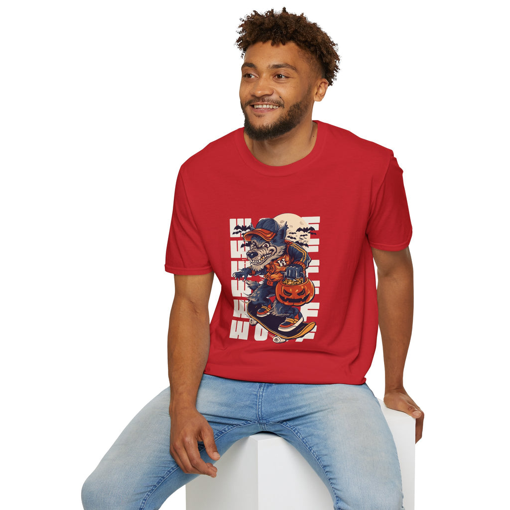 Halloween Skateboarder Skeleton T-Shirt — Spooky Pumpkin & Bats Graphic Tee