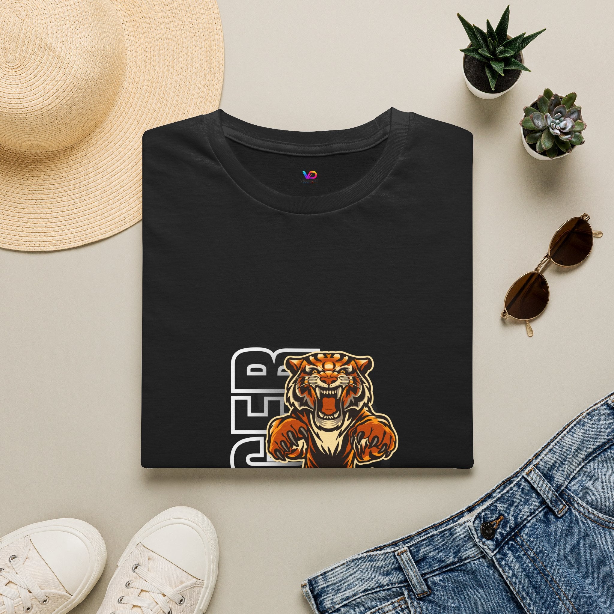 Tiger Graphic T-Shirt – Fierce Roaring Tiger Vertical Text Design