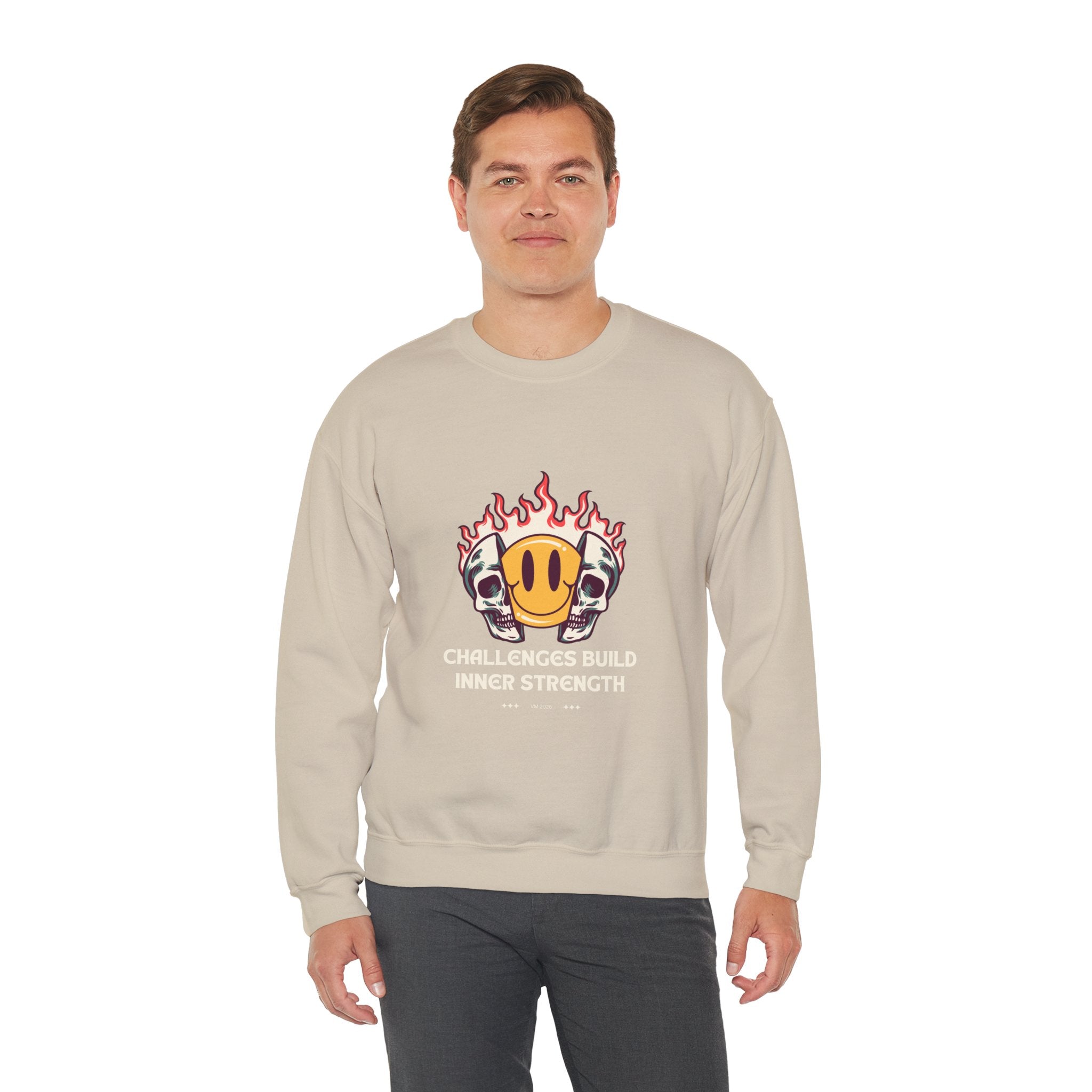 Crewneck Sweatshirt — “Challenges Build Inner Strength” Flame Smile Graphic