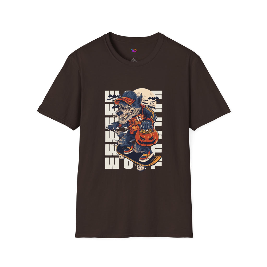 Halloween Skateboarder Skeleton T-Shirt — Spooky Pumpkin & Bats Graphic Tee