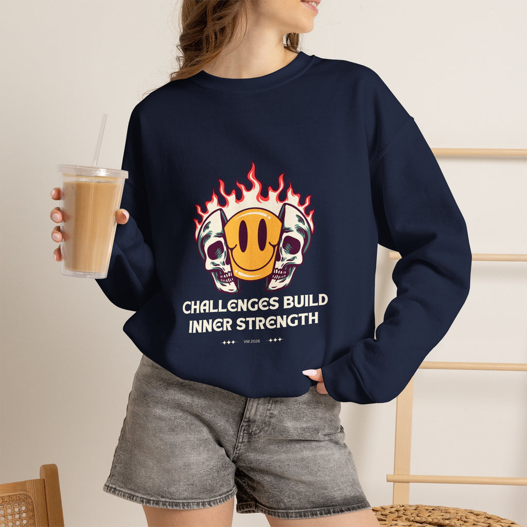 Crewneck Sweatshirt — “Challenges Build Inner Strength” Flame Smile Graphic